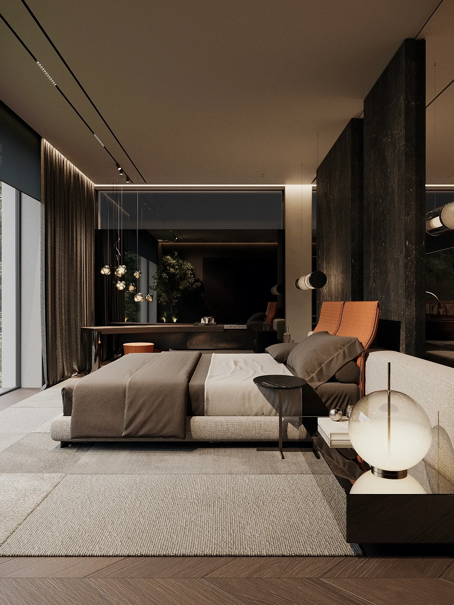 Evening bedroom with dark stone columns and orange lounge chair, The Grand Atrium Mansion, Poland