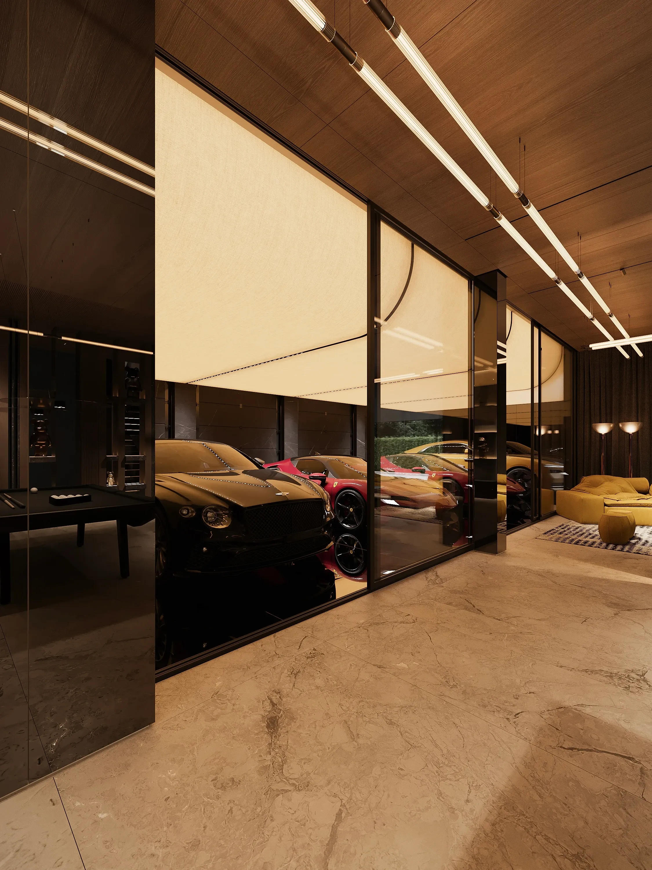 Marble corridor with glass car gallery and linear lighting, The Grand Atrium Mansion, Poland