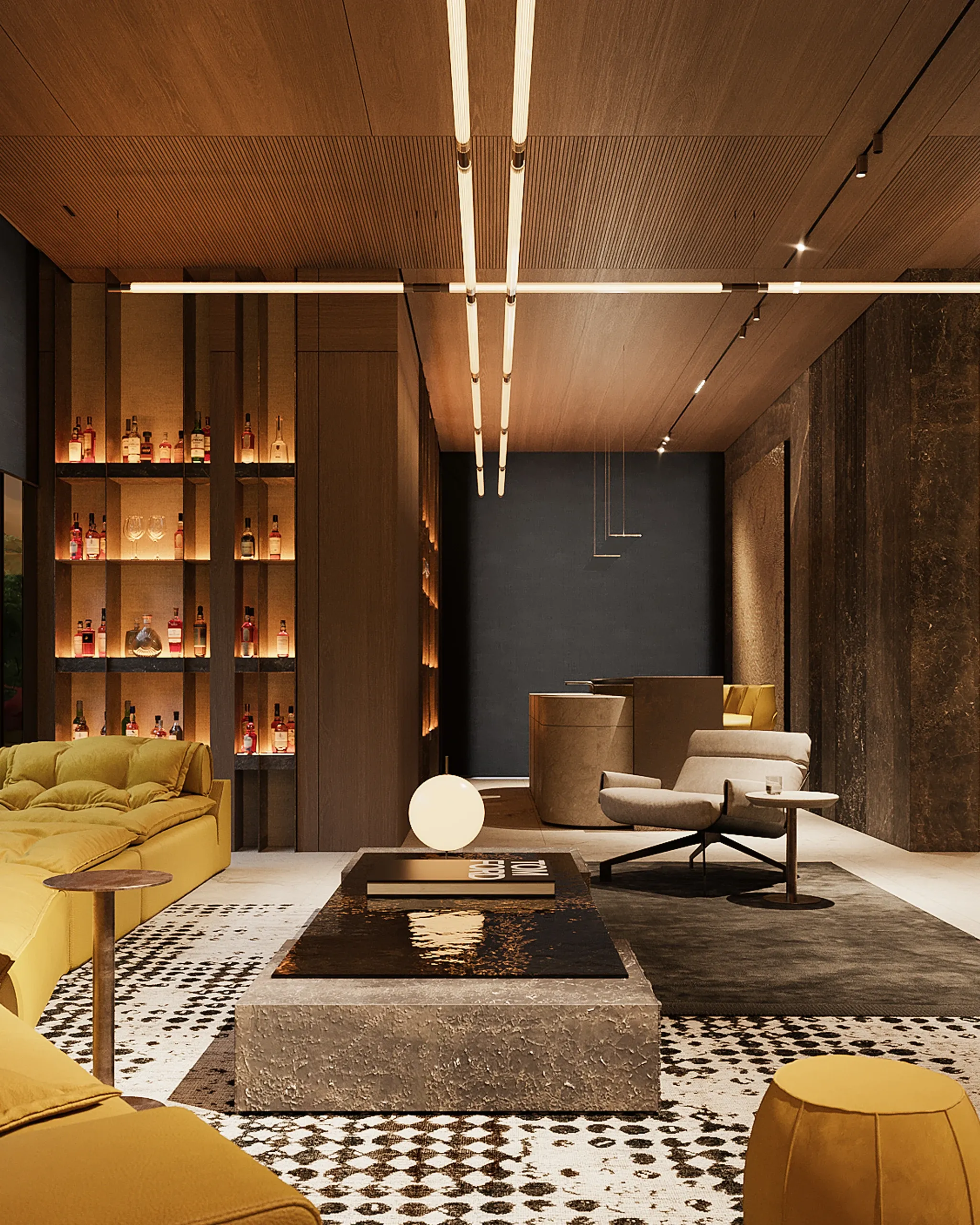 Club room with backlit bar shelving, stone coffee table and yellow sofas, The Grand Atrium Mansion, Poland