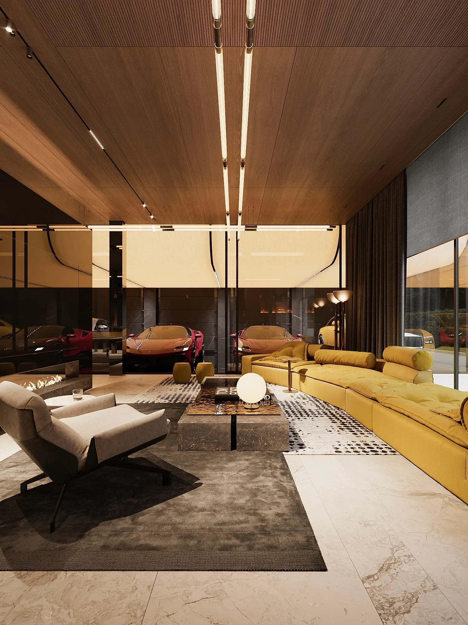 Lounge with yellow sofa and glass wall overlooking illuminated car garage, The Grand Atrium Mansion, Poland