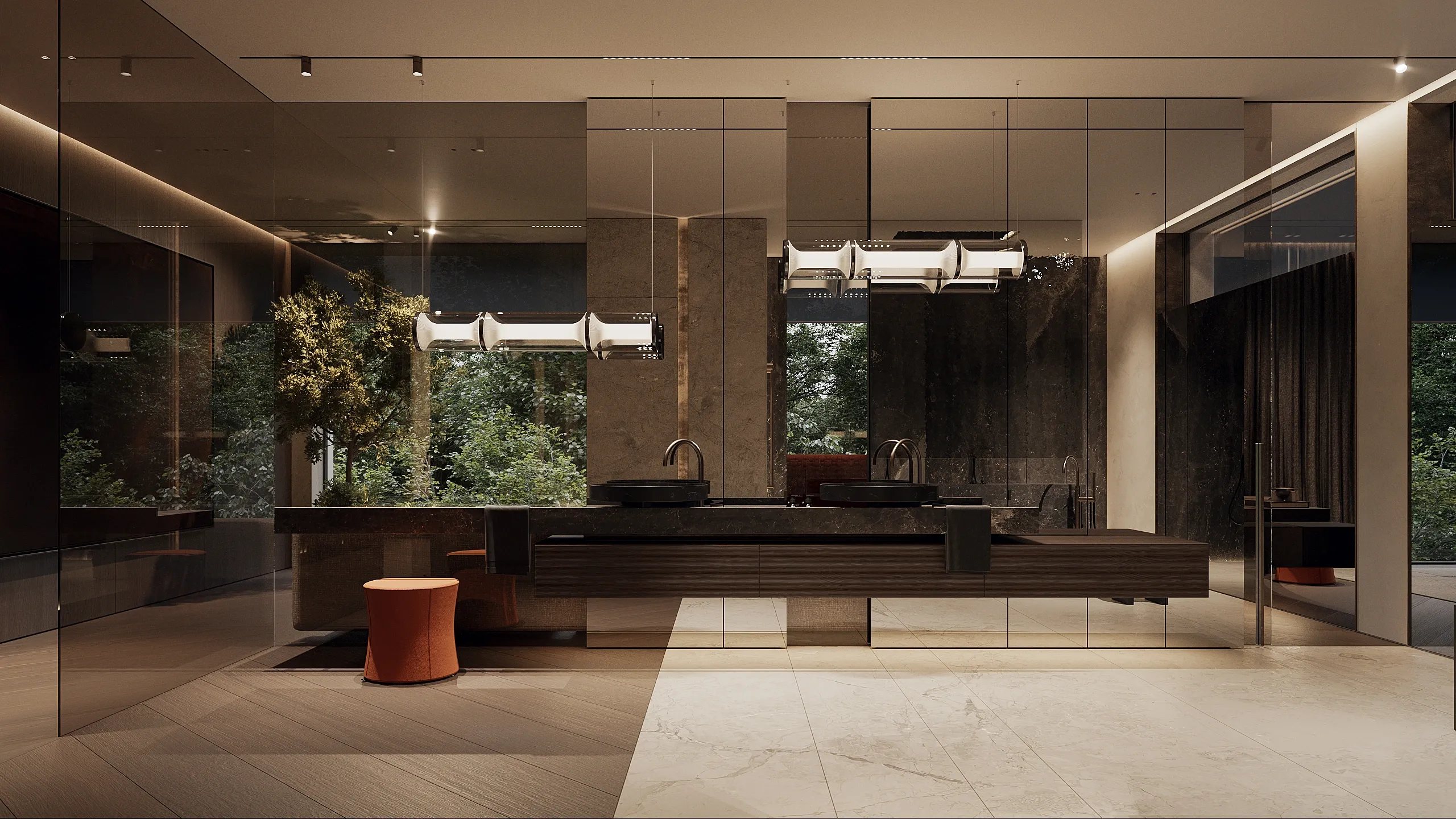 Dark marble double vanity with mirrored walls and night garden view, The Grand Atrium Mansion, Poland