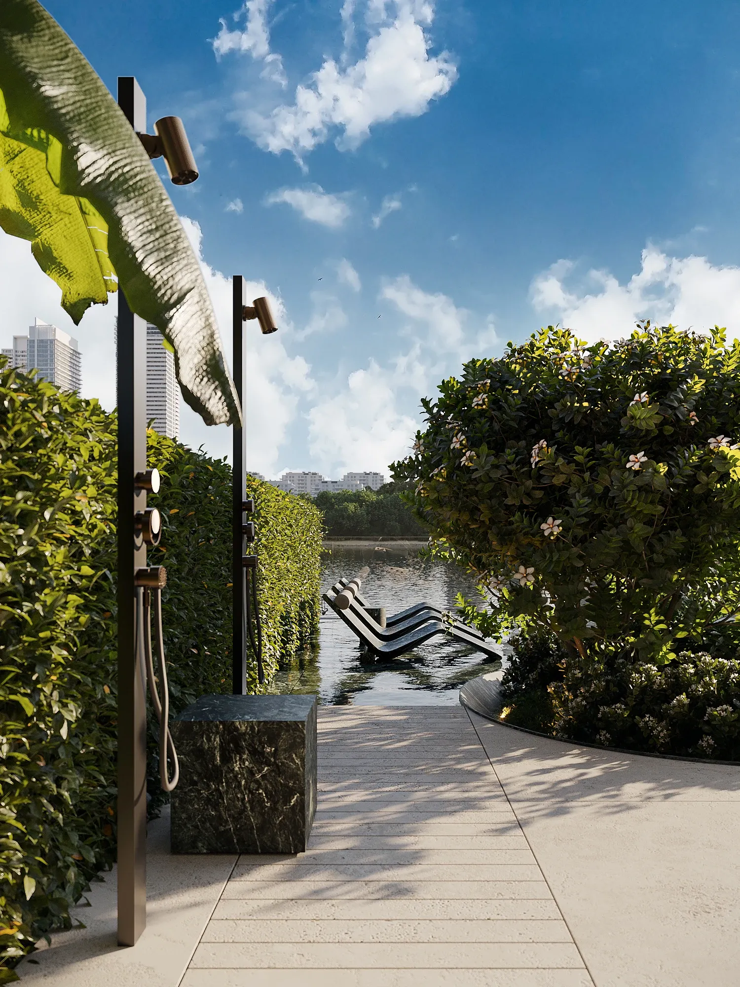 Outdoor shower and stone path leading to lagoon loungers, The Lagoon Residents' Club, Dubai