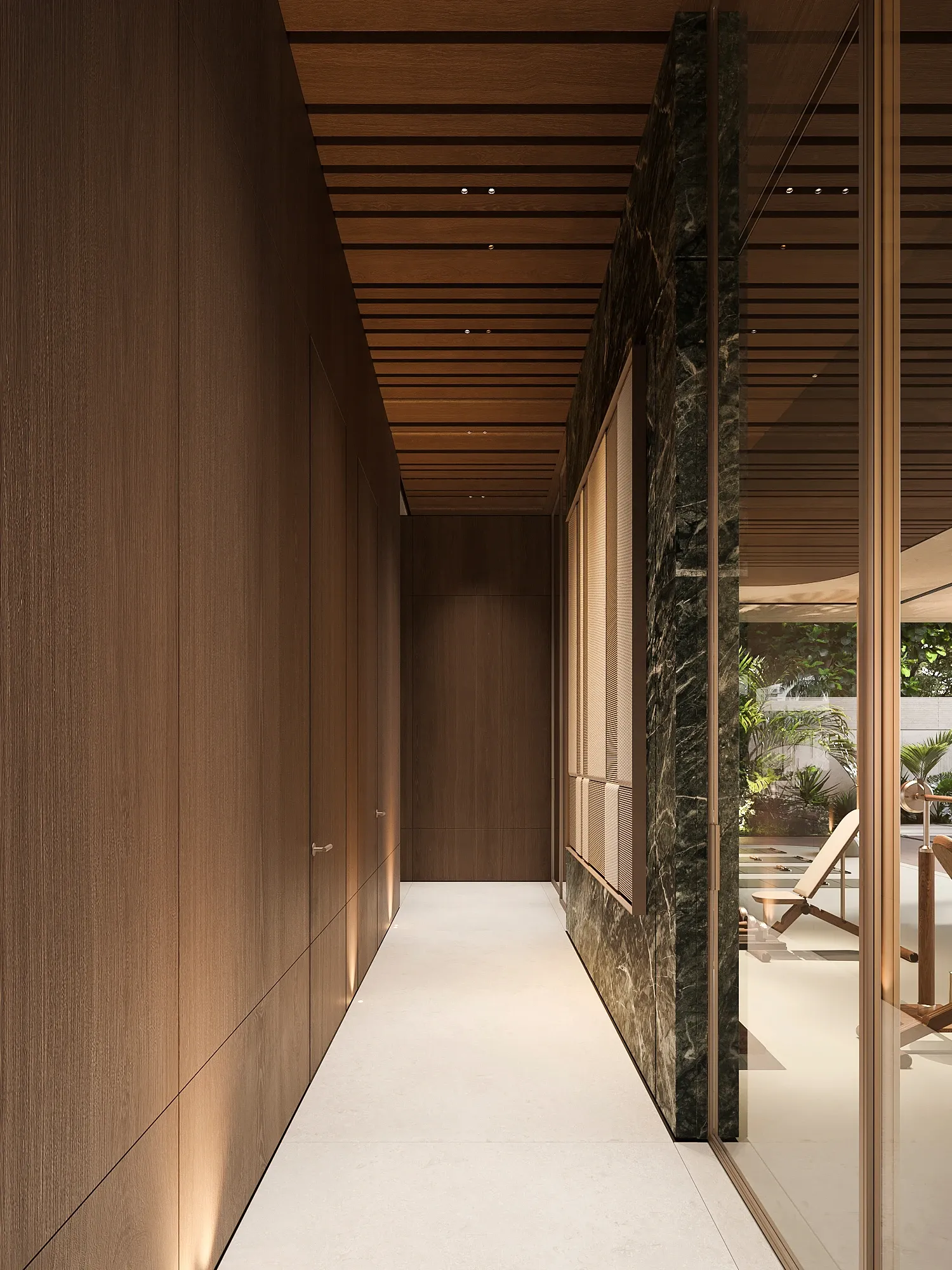 Corridor with walnut paneling and green marble accent beside terrace view, The Lagoon Residents' Club, Dubai