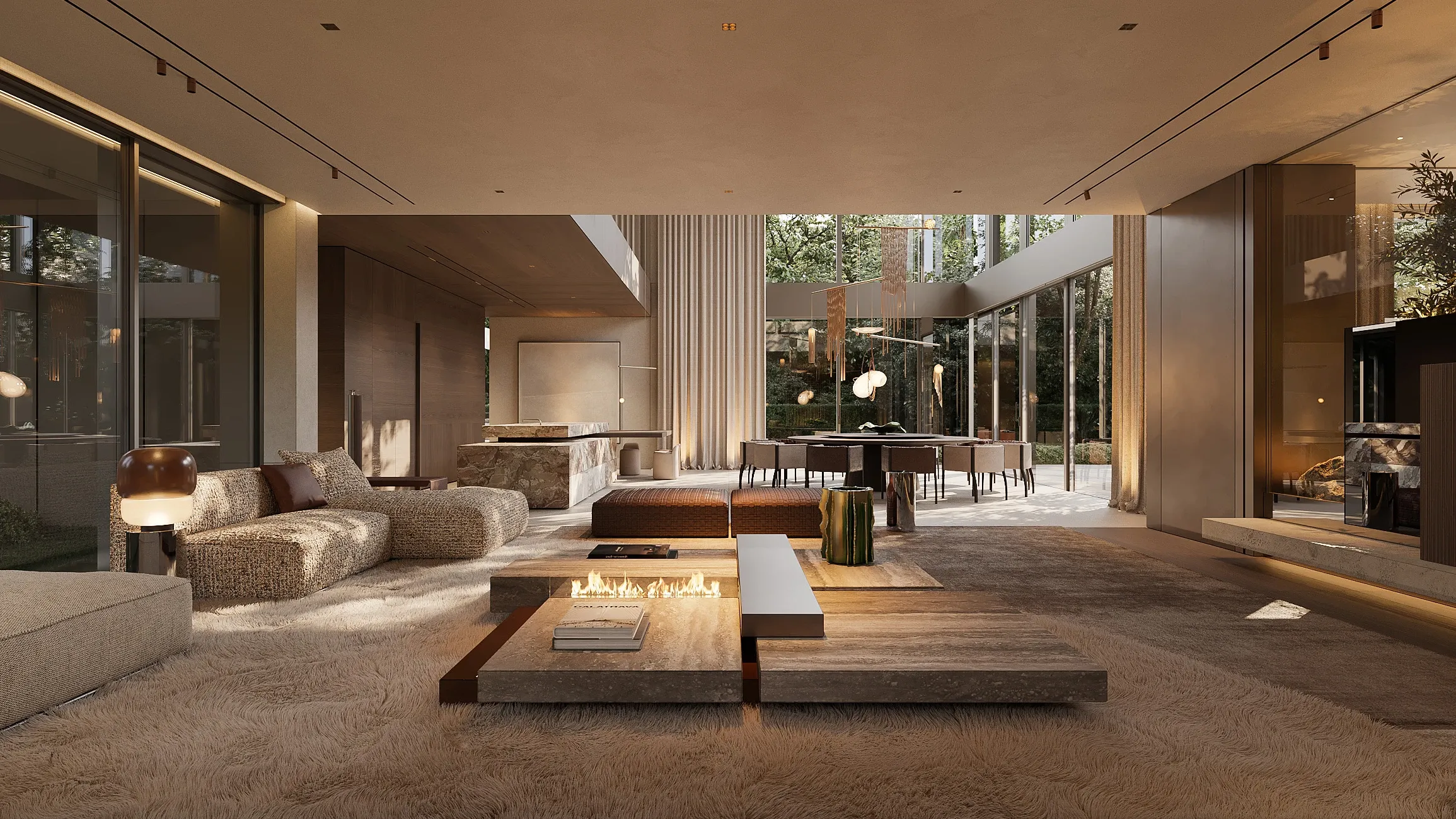 Open-plan living room with low wooden coffee table and garden views, The Secret Court, Poland