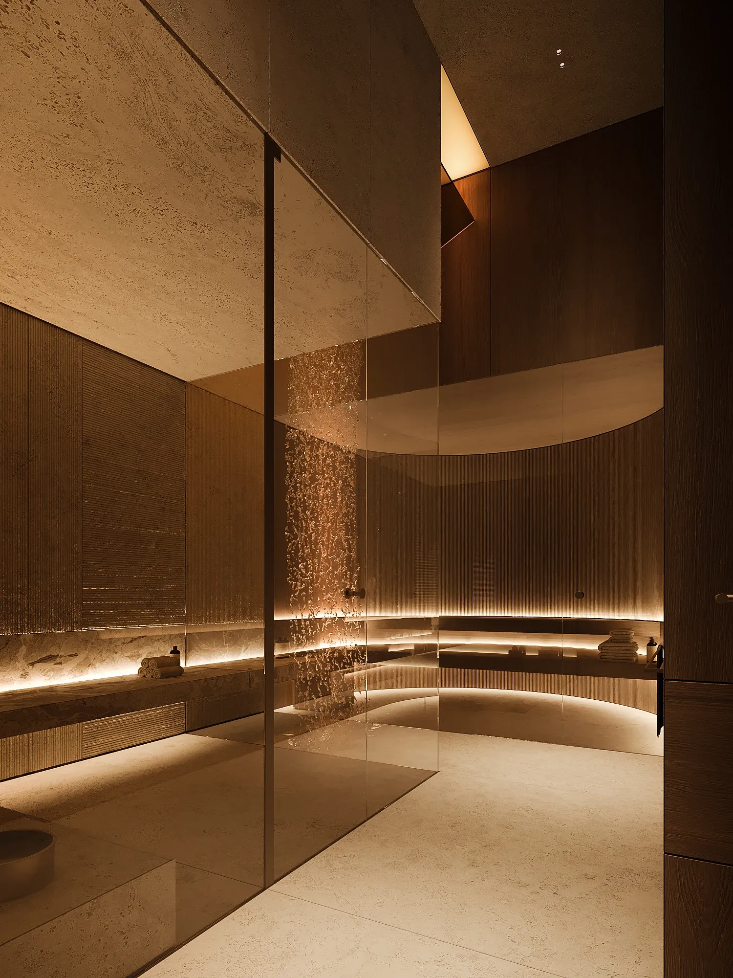 Curved spa lounge with rain shower and ambient cove lighting, The Lagoon Residents' Club, Dubai