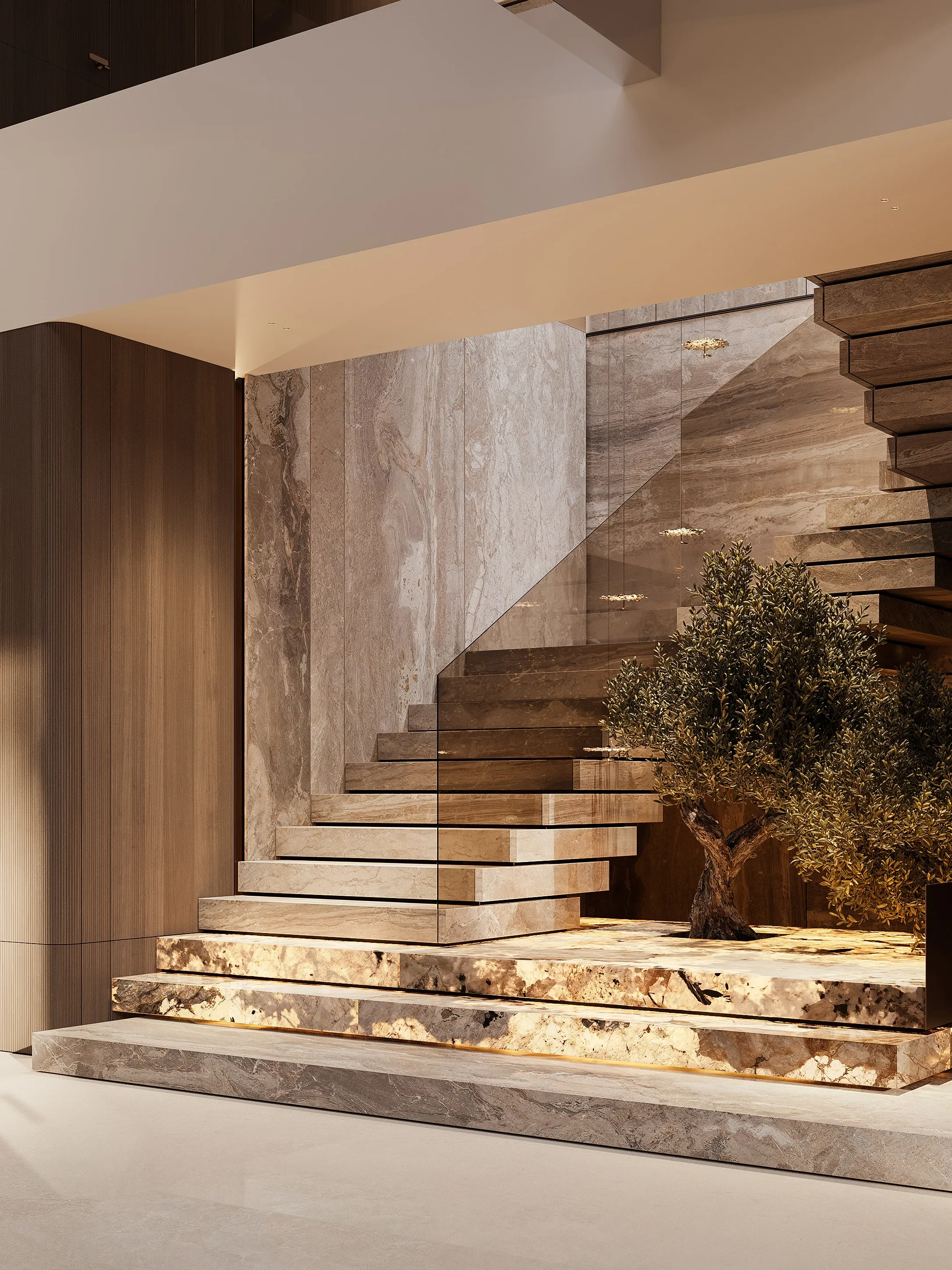 Floating wood staircase with travertine wall and illuminated olive tree planter, The Evergreen Residence, Warsaw