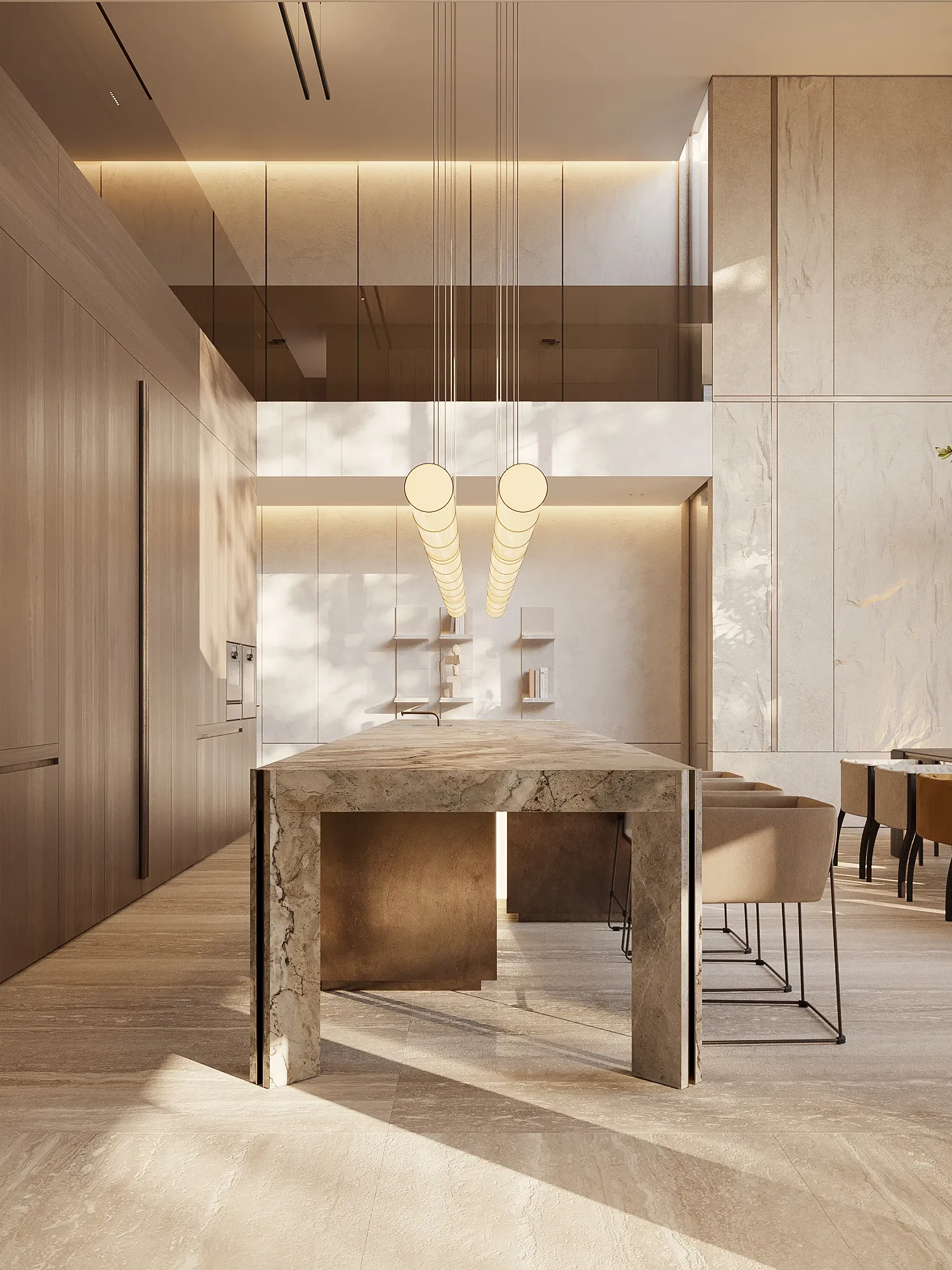 Kitchen with marble waterfall island and sphere pendant lighting, The Saucon Valley Residence, Pennsylvania