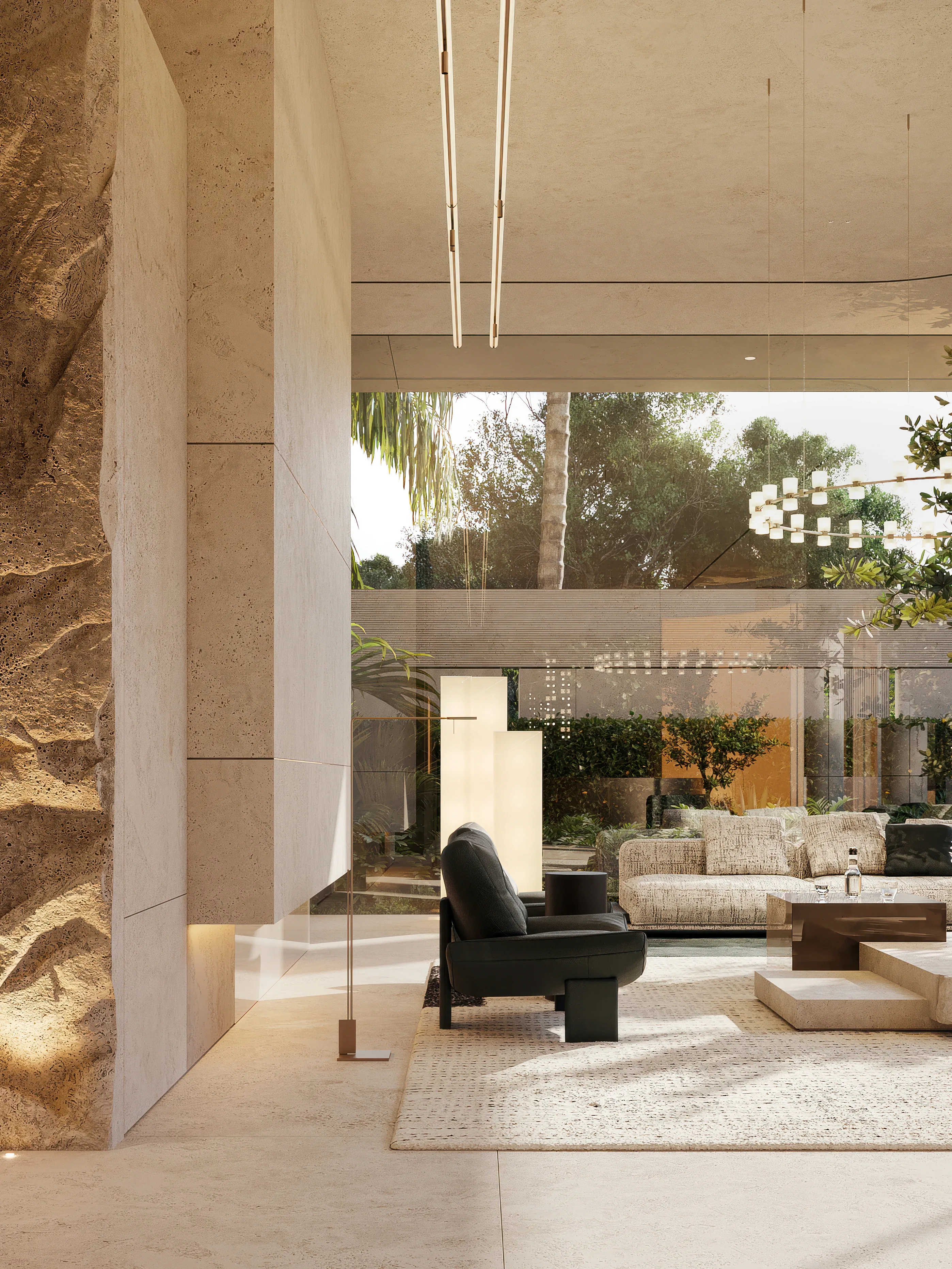 Lounge with stone column and black armchair framing garden view, The Lagoon Residents' Club, Dubai