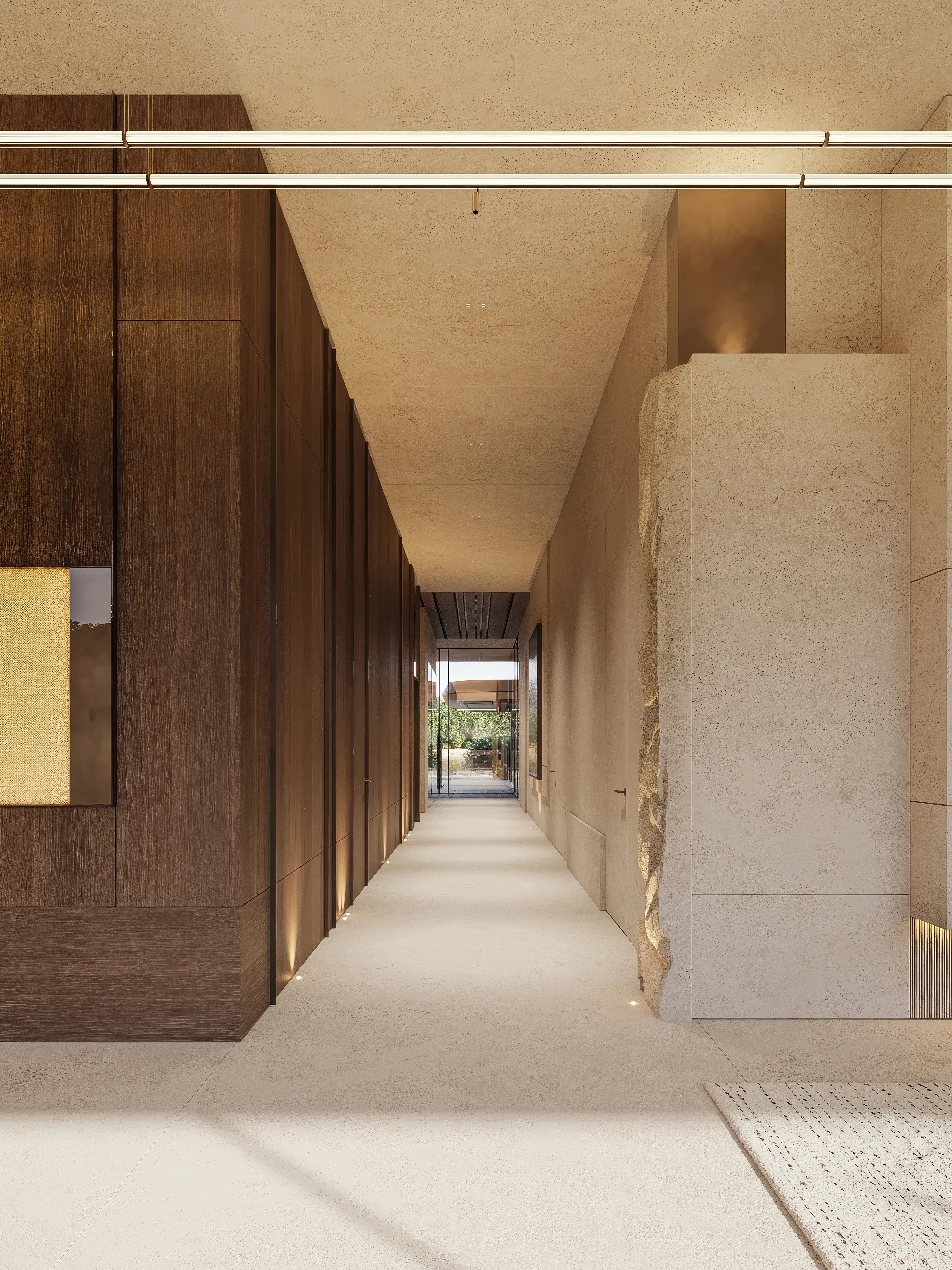 Corridor with wood paneling and travertine stone leading to daylight, The Lagoon Residents' Club, Dubai