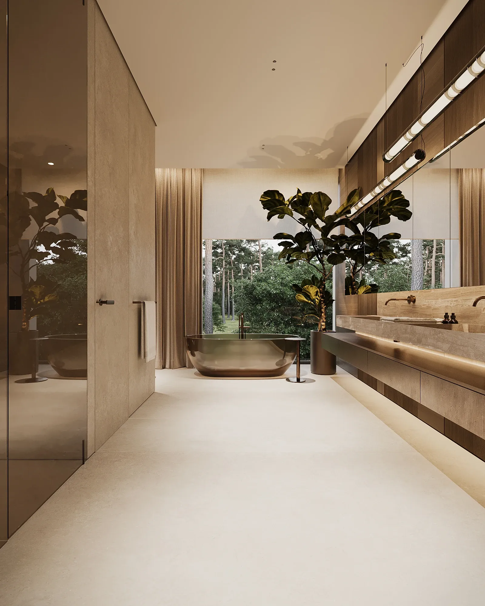 Bathroom with bronze tub, stone vanity and forest view, The Evergreen Residence, Warsaw