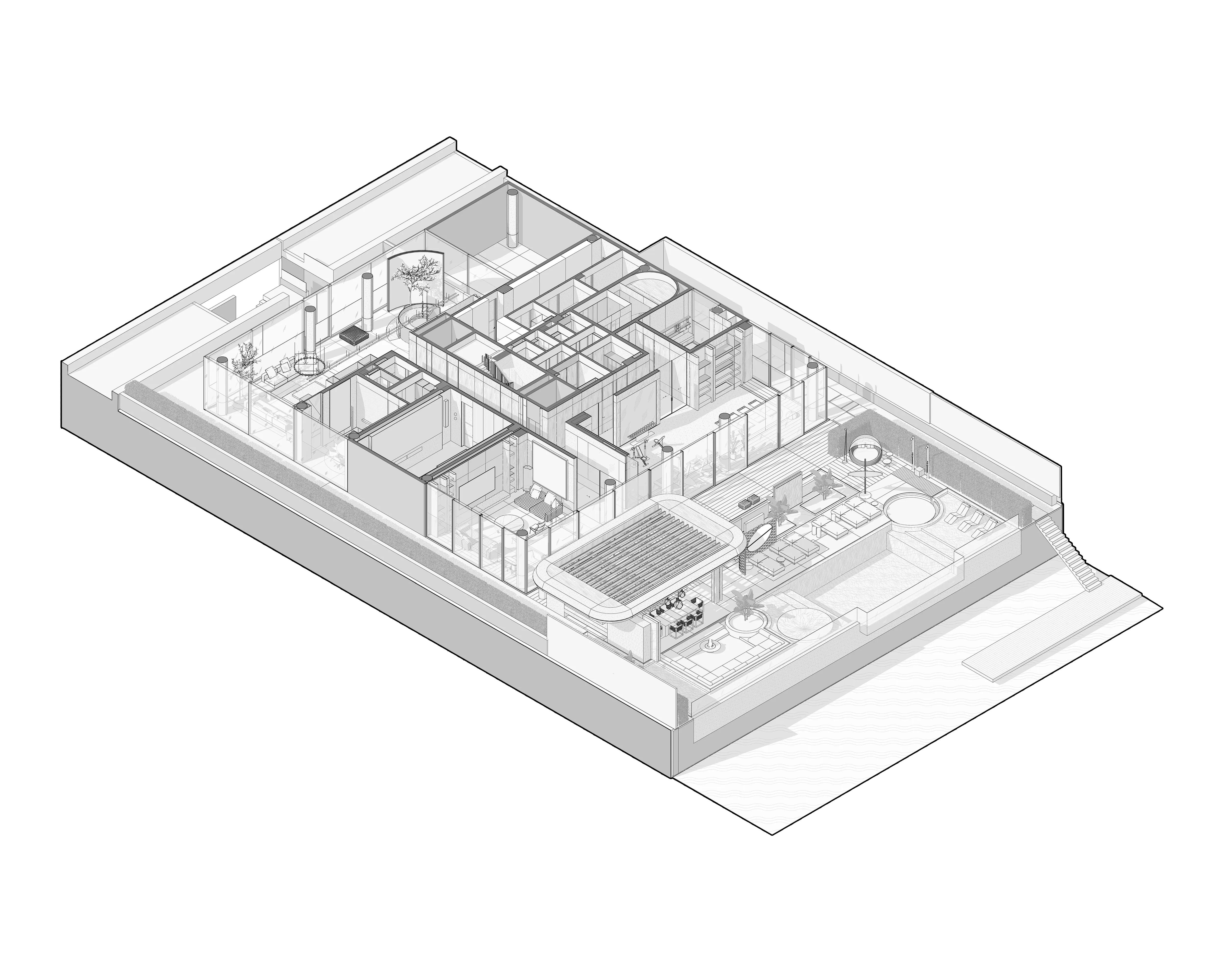 Axonometric drawing of apartment layout with pool terrace, The Lagoon Residents' Club, Dubai