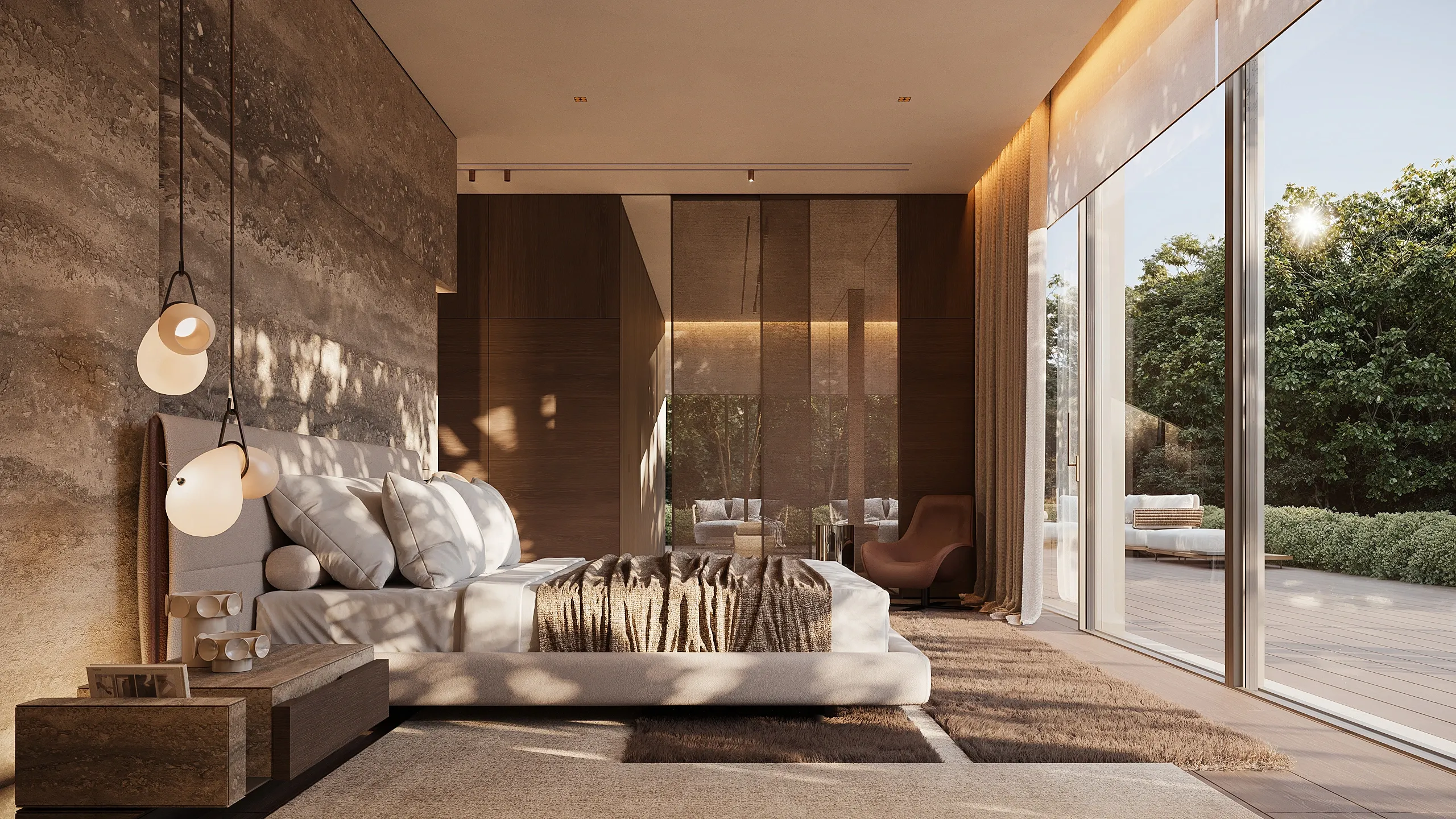 Bedroom with travertine wall and glass doors opening to garden, The Secret Court, Poland