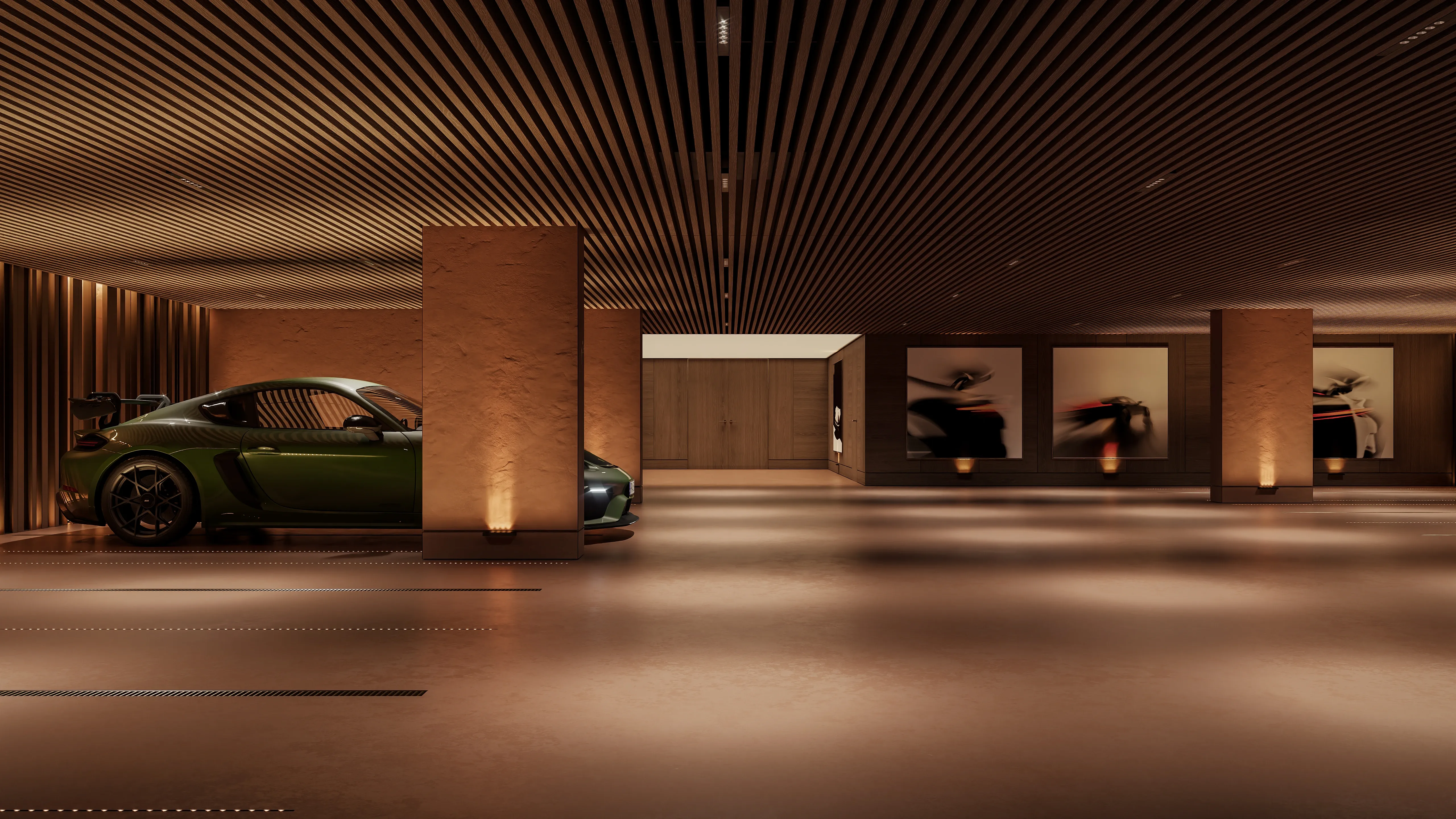 Garage lounge with stone pillars, green sports car and wall art, The Secret Court, Poland