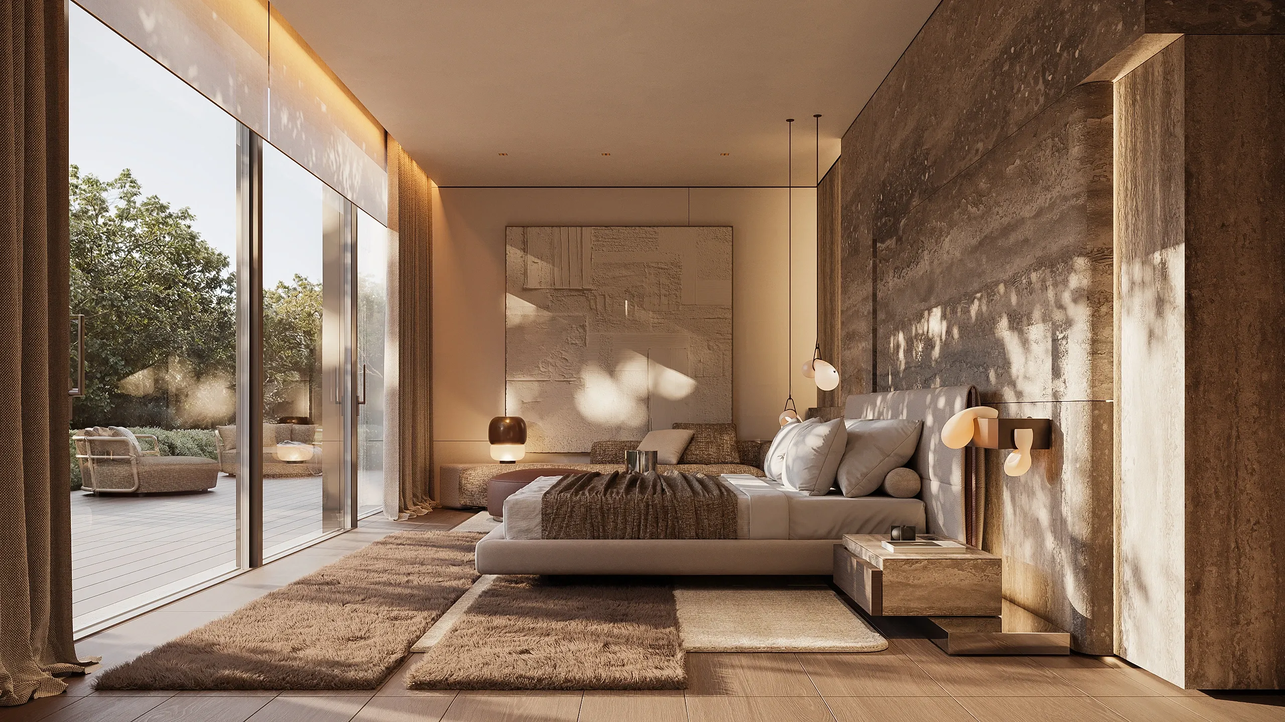Bedroom with stone wall, pendant lights and garden terrace view, The Secret Court, Poland
