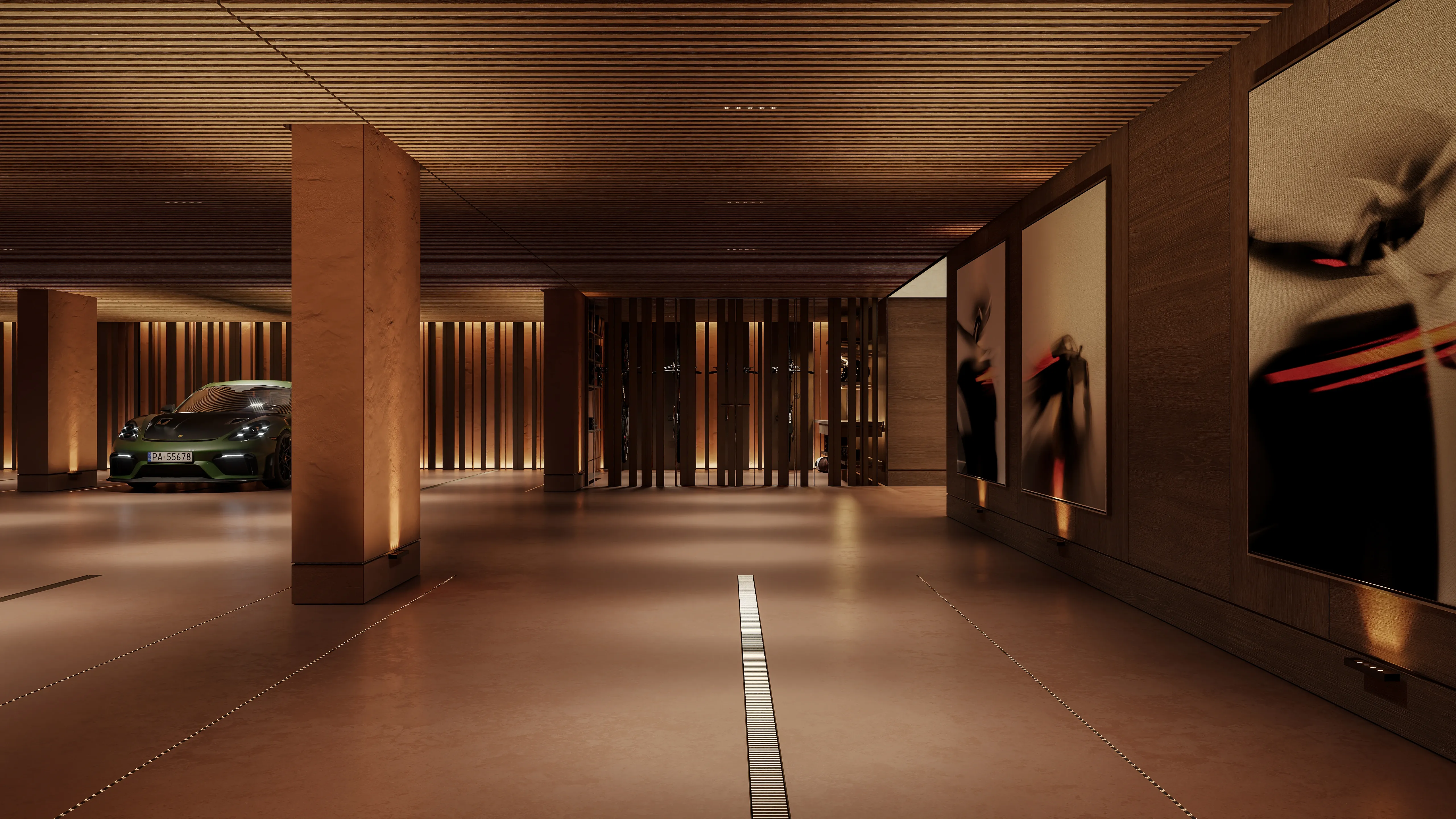 Private garage gallery with slatted wood walls and parked sports car, The Secret Court, Poland