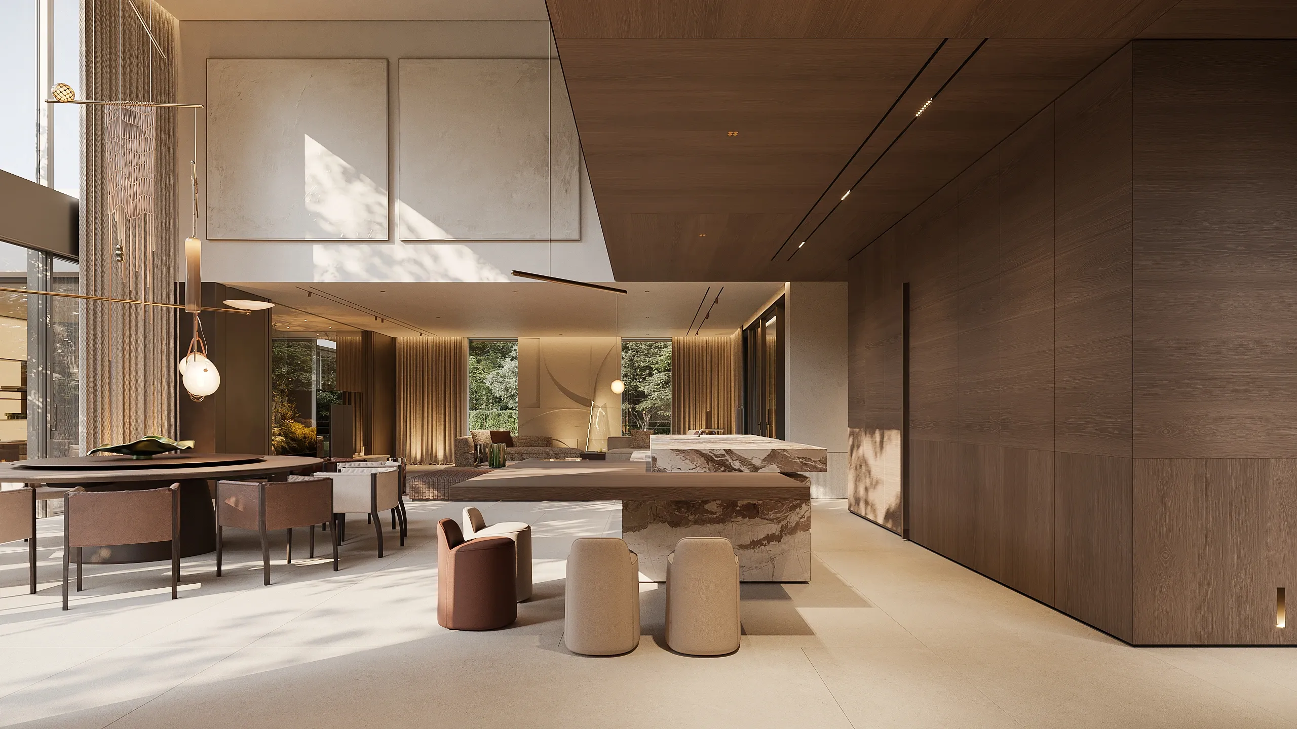 Open-plan living area with wood paneling and marble kitchen island, The Secret Court, Poland