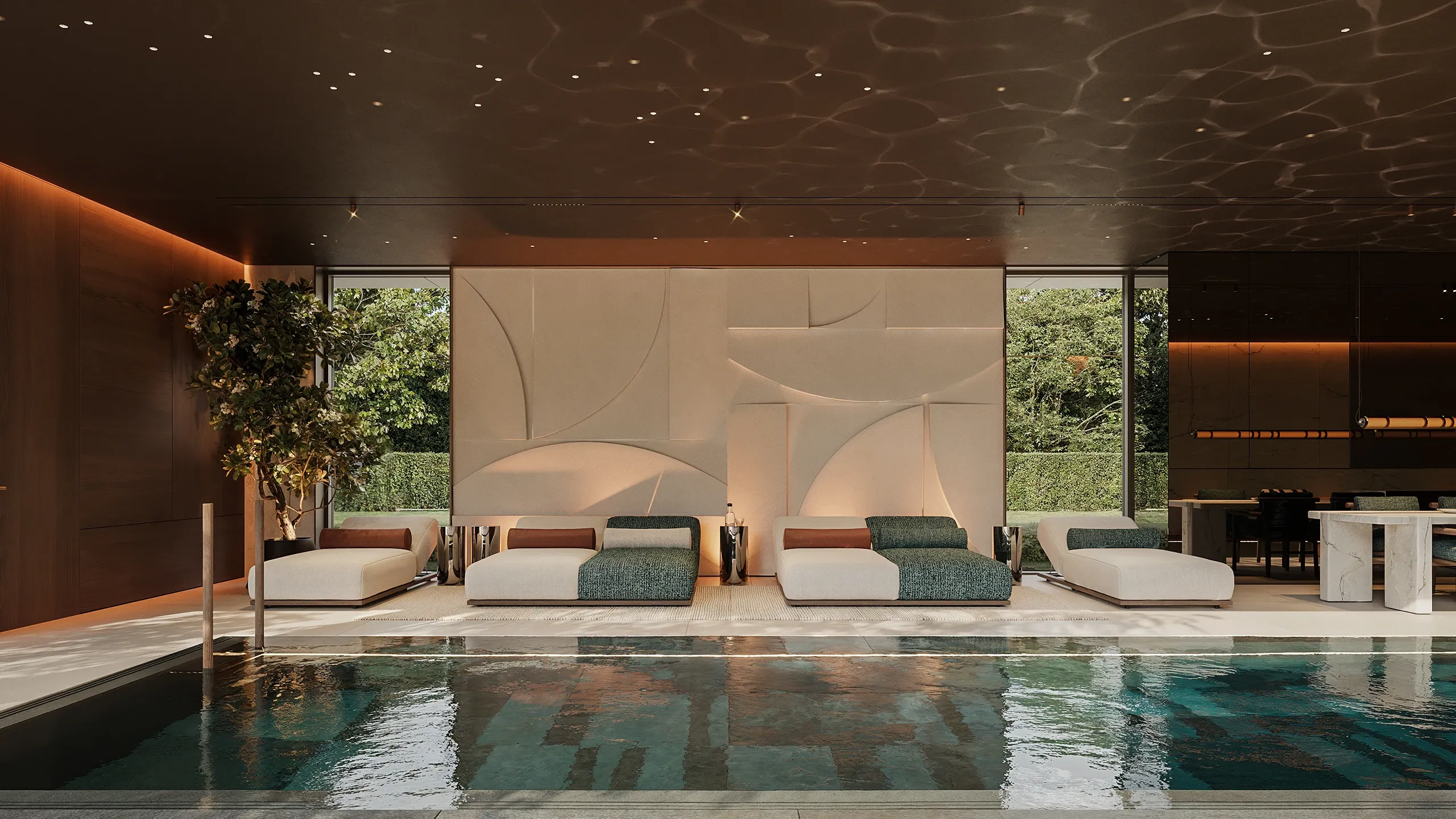 Loungers facing sculpted relief wall beside indoor pool, The Secret Court, Poland