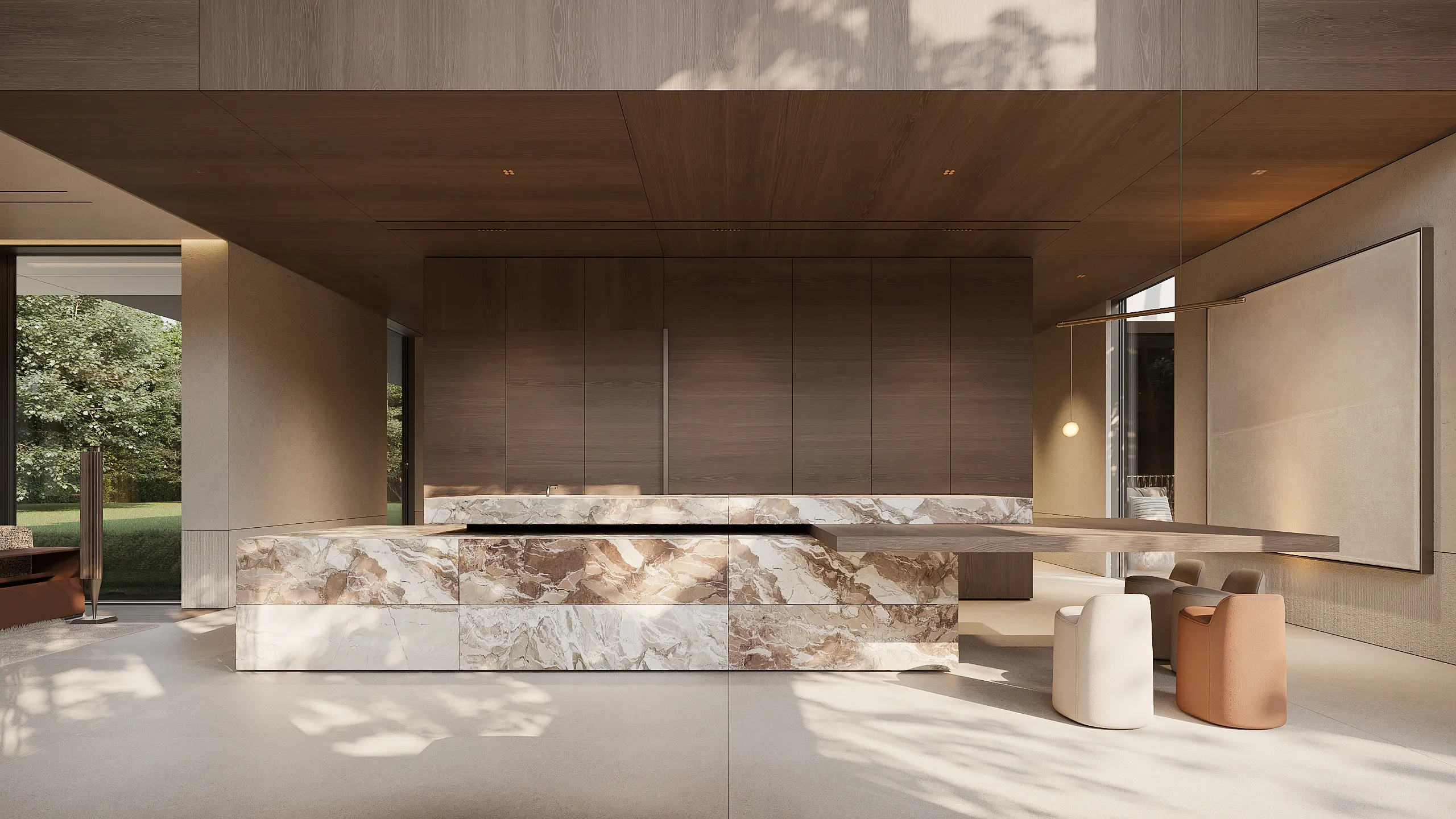 Kitchen island in veined marble beside dark wood cabinetry, The Secret Court, Poland