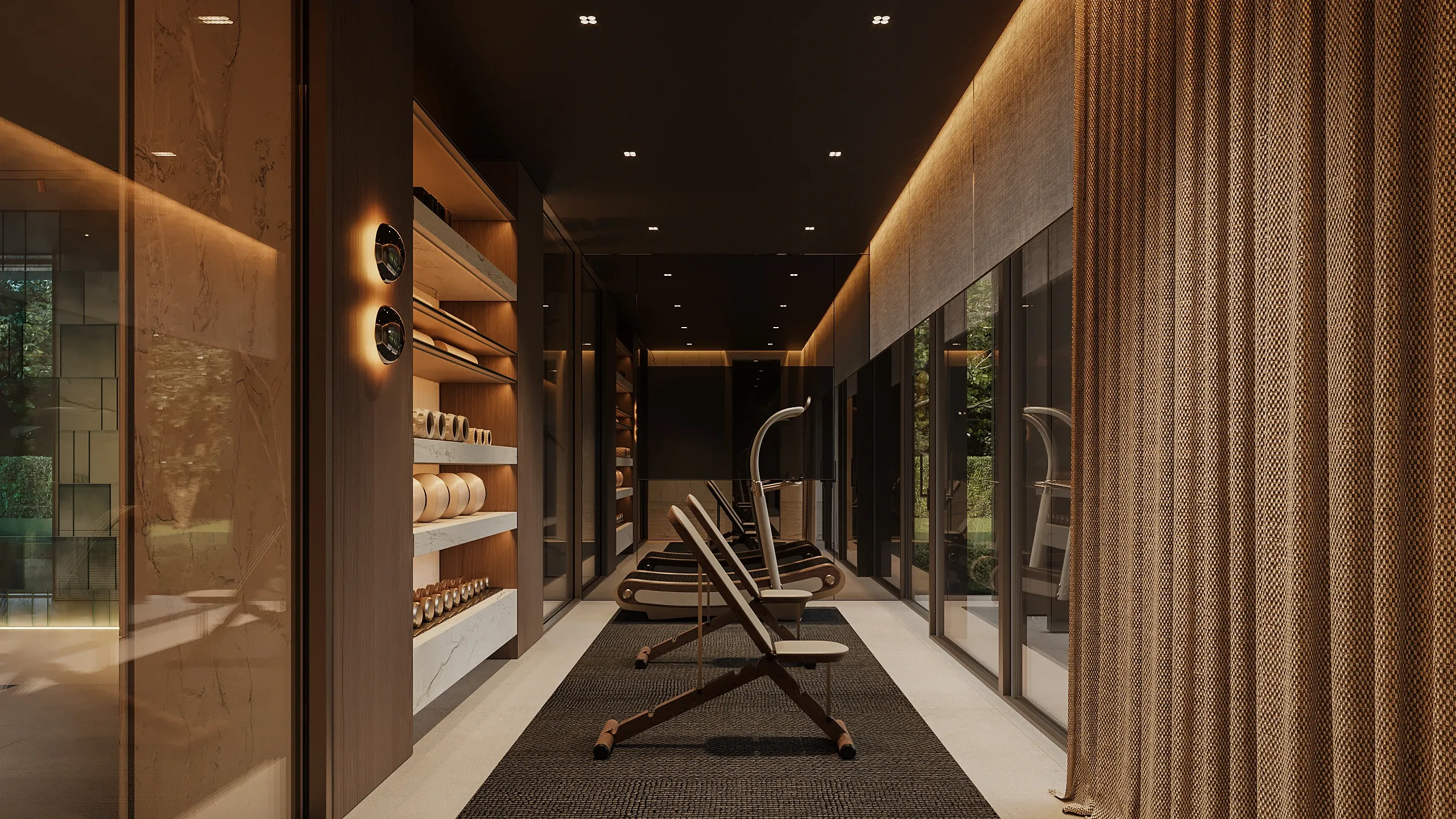 Home gym corridor with treadmills and woven curtains, The Secret Court, Poland