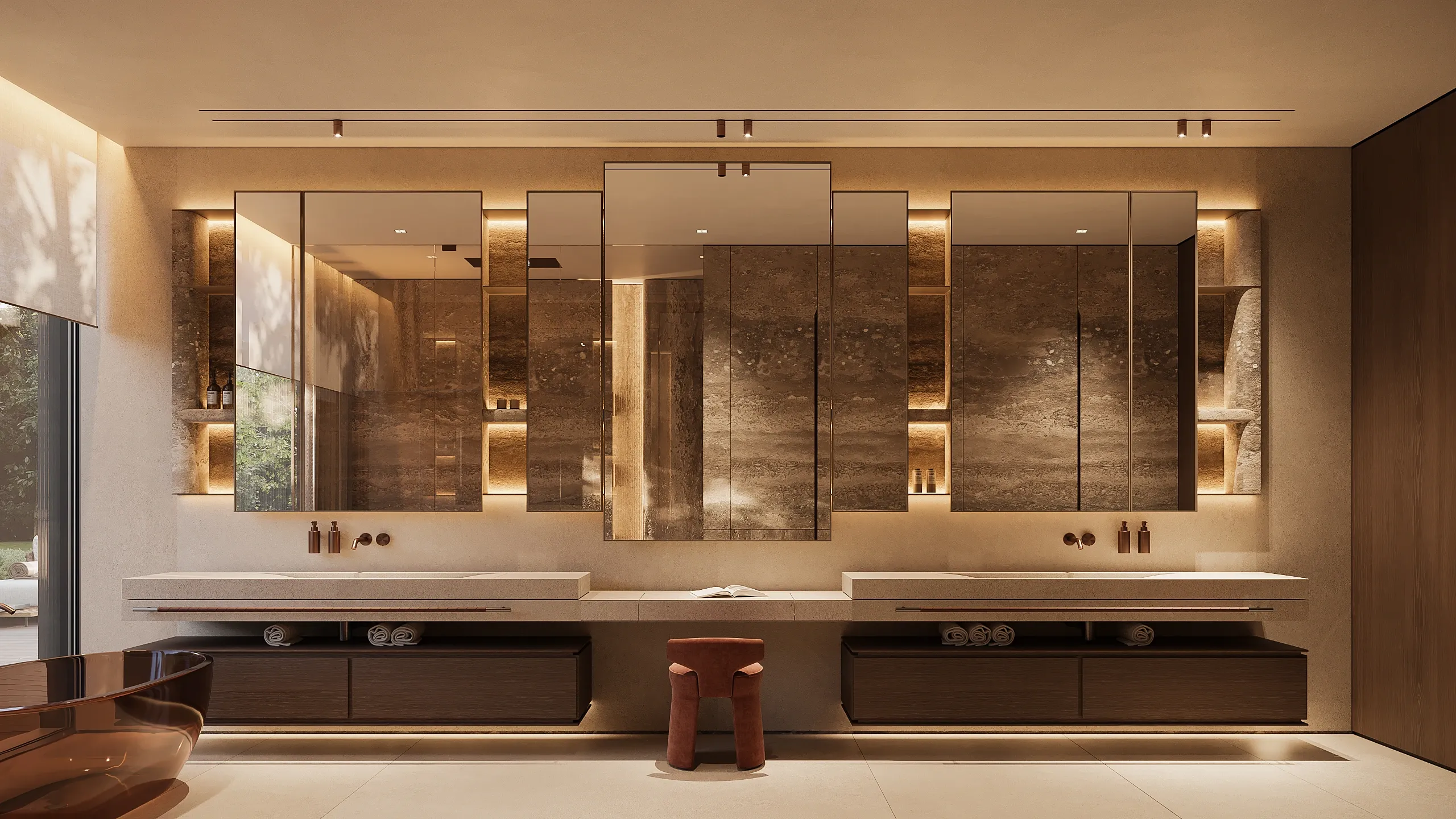 Double vanity bathroom with backlit marble cabinets and freestanding tub, The Secret Court, Poland