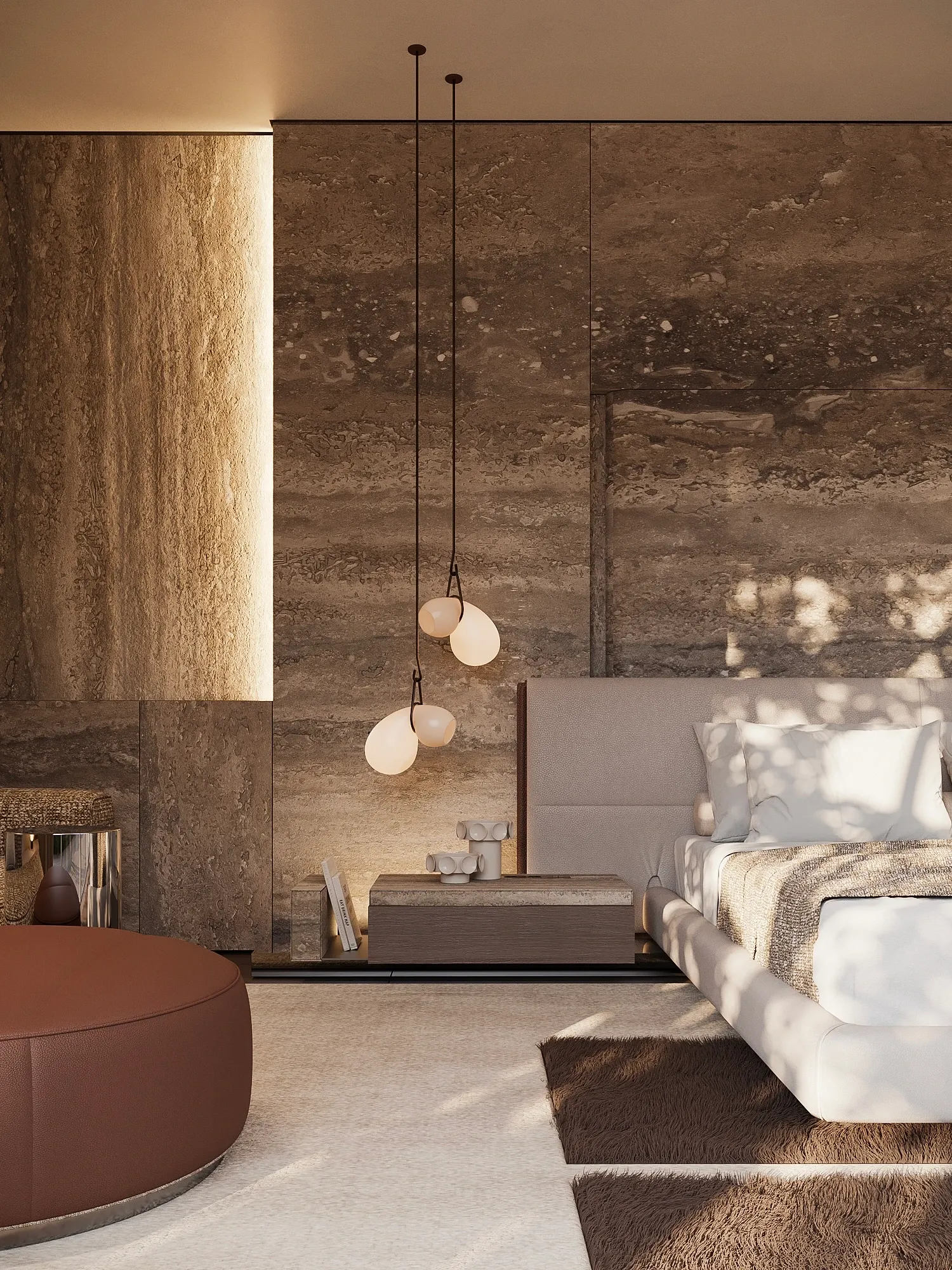 Sunlit bedroom with travertine wall, pendant lights and leather pouf, The Secret Court, Poland