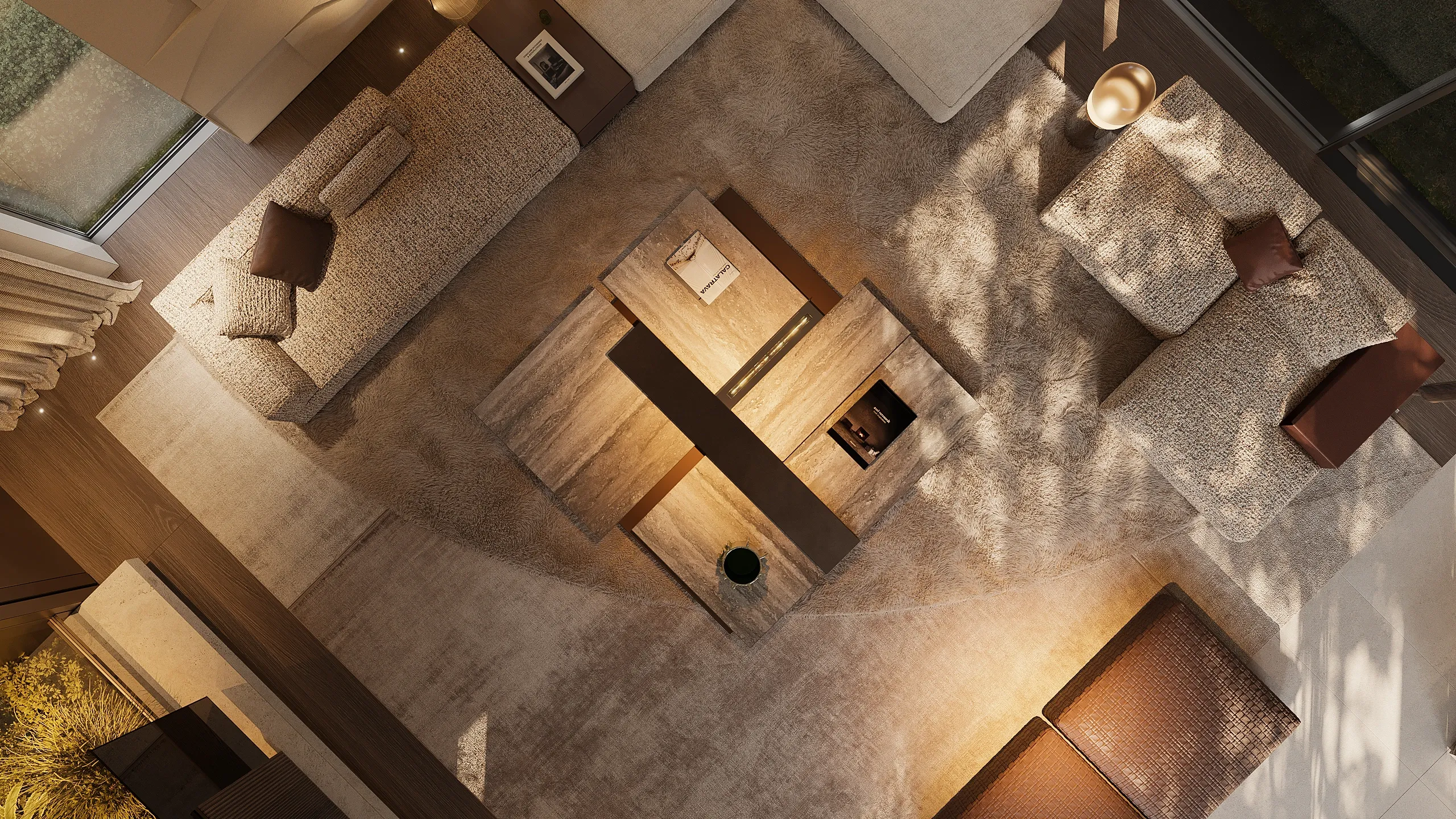Aerial view of lounge with sculptural coffee table and plush sofas, The Secret Court, Poland