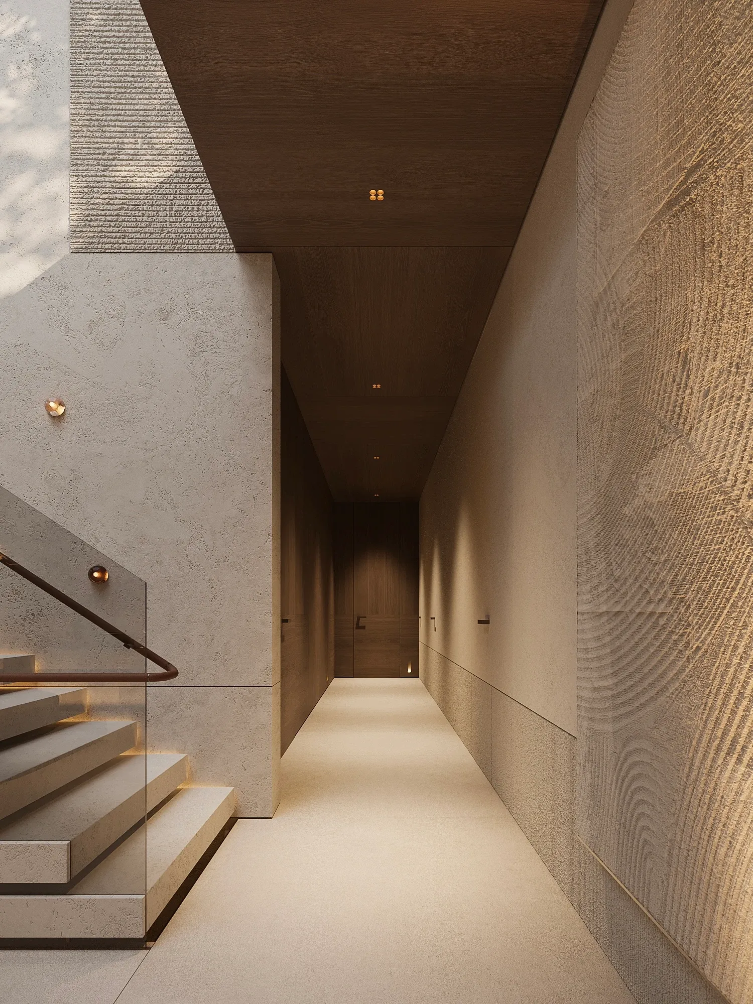 Corridor with textured stone walls and glass-railed staircase, The Secret Court, Poland