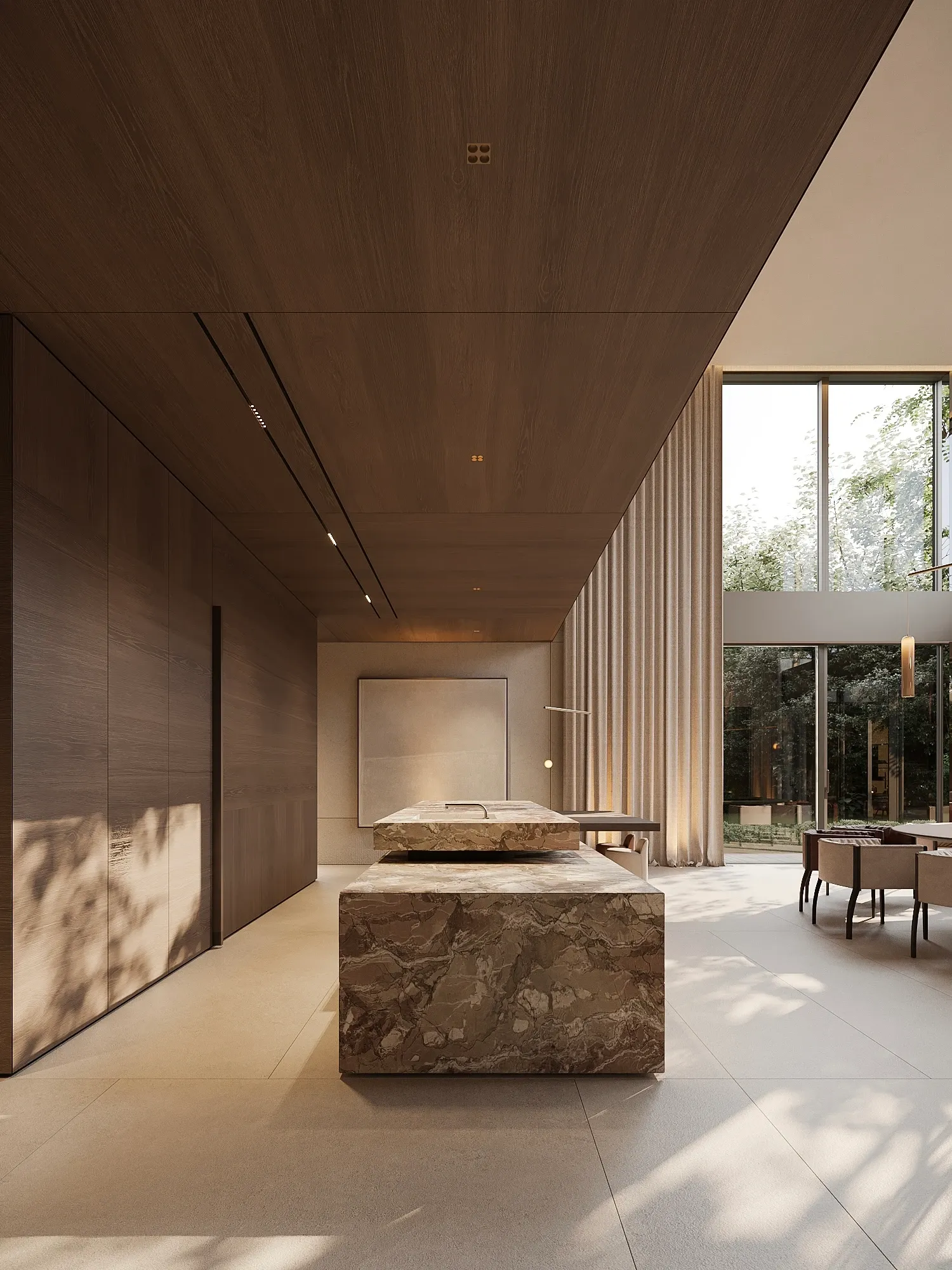 Kitchen with marble island and glass walls overlooking garden, The Secret Court, Poland