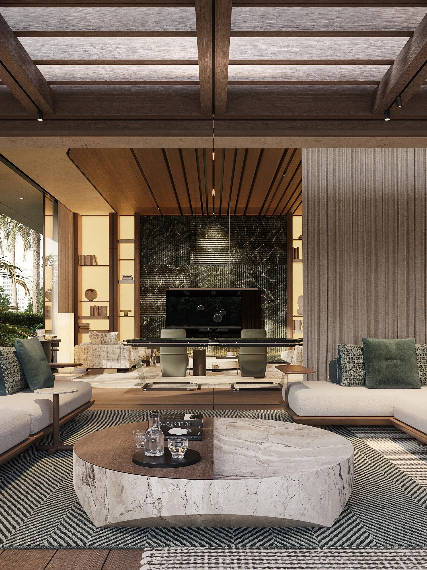Lounge with timber pergola, green marble wall and stone coffee table, The Lagoon Residents' Club, Dubai