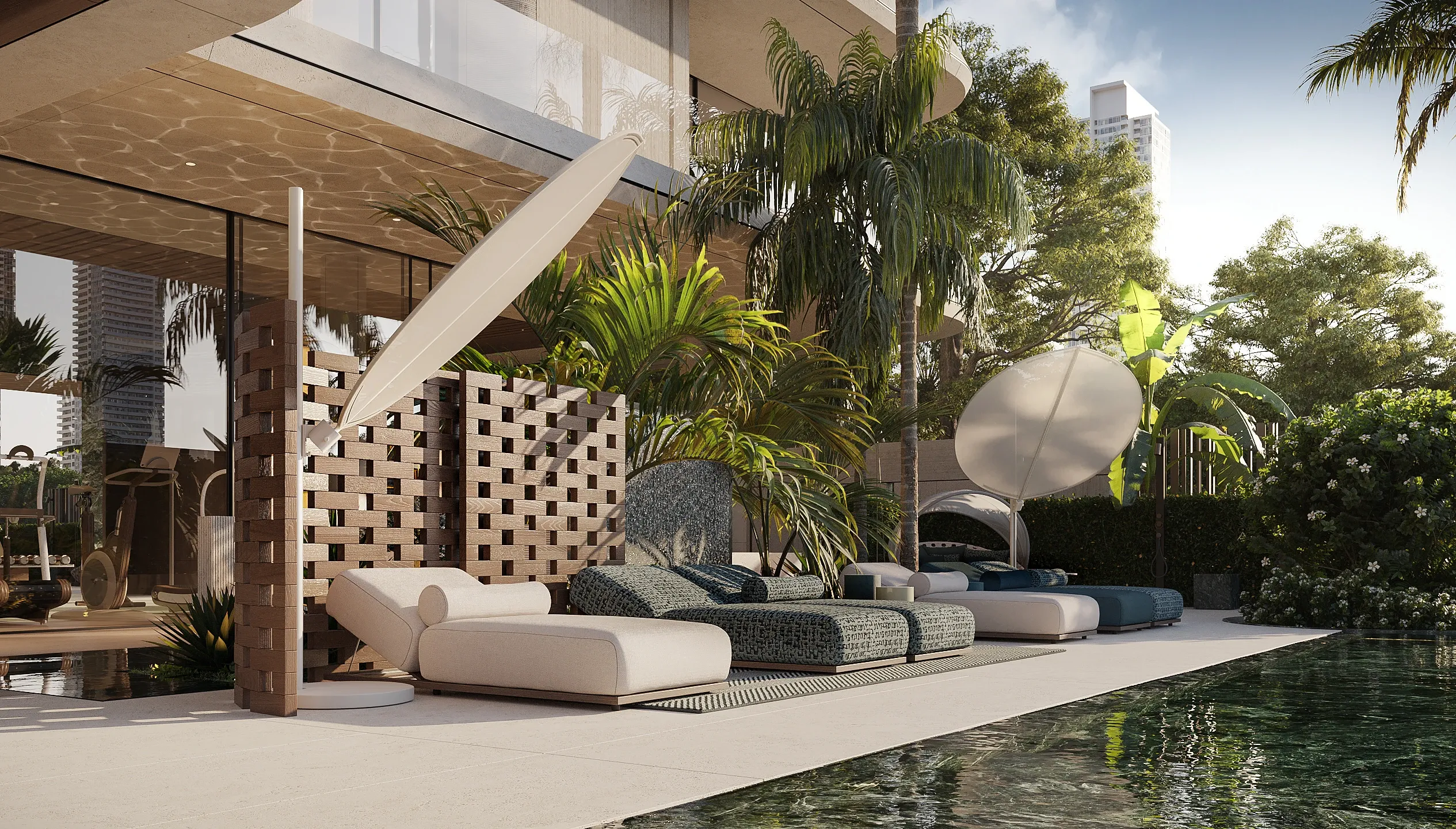 Poolside terrace with woven loungers, timber screen and palms, The Lagoon Residents' Club, Dubai