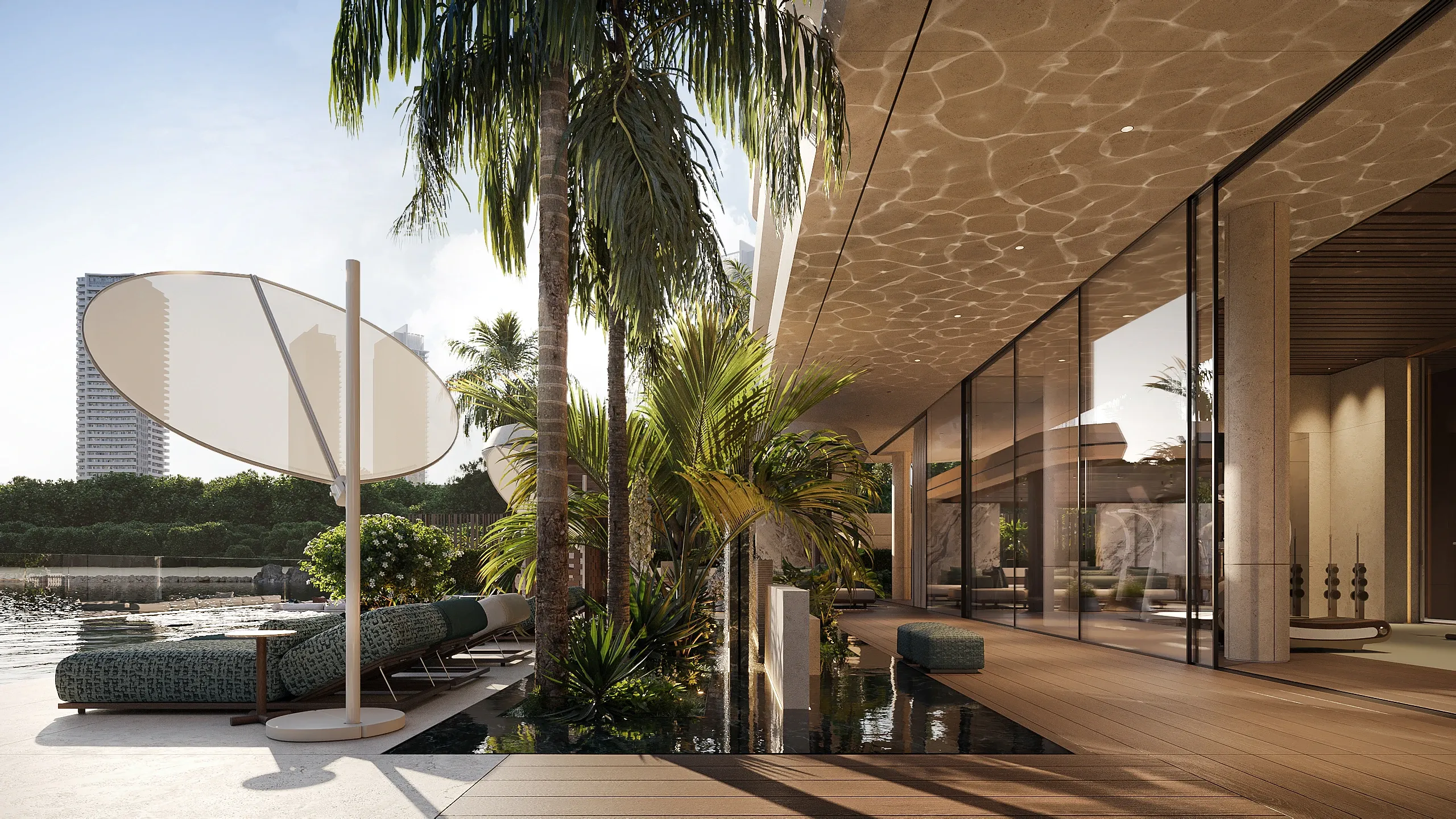 Shaded poolside terrace with palm trees and glass-walled lounge, The Lagoon Residents' Club, Dubai