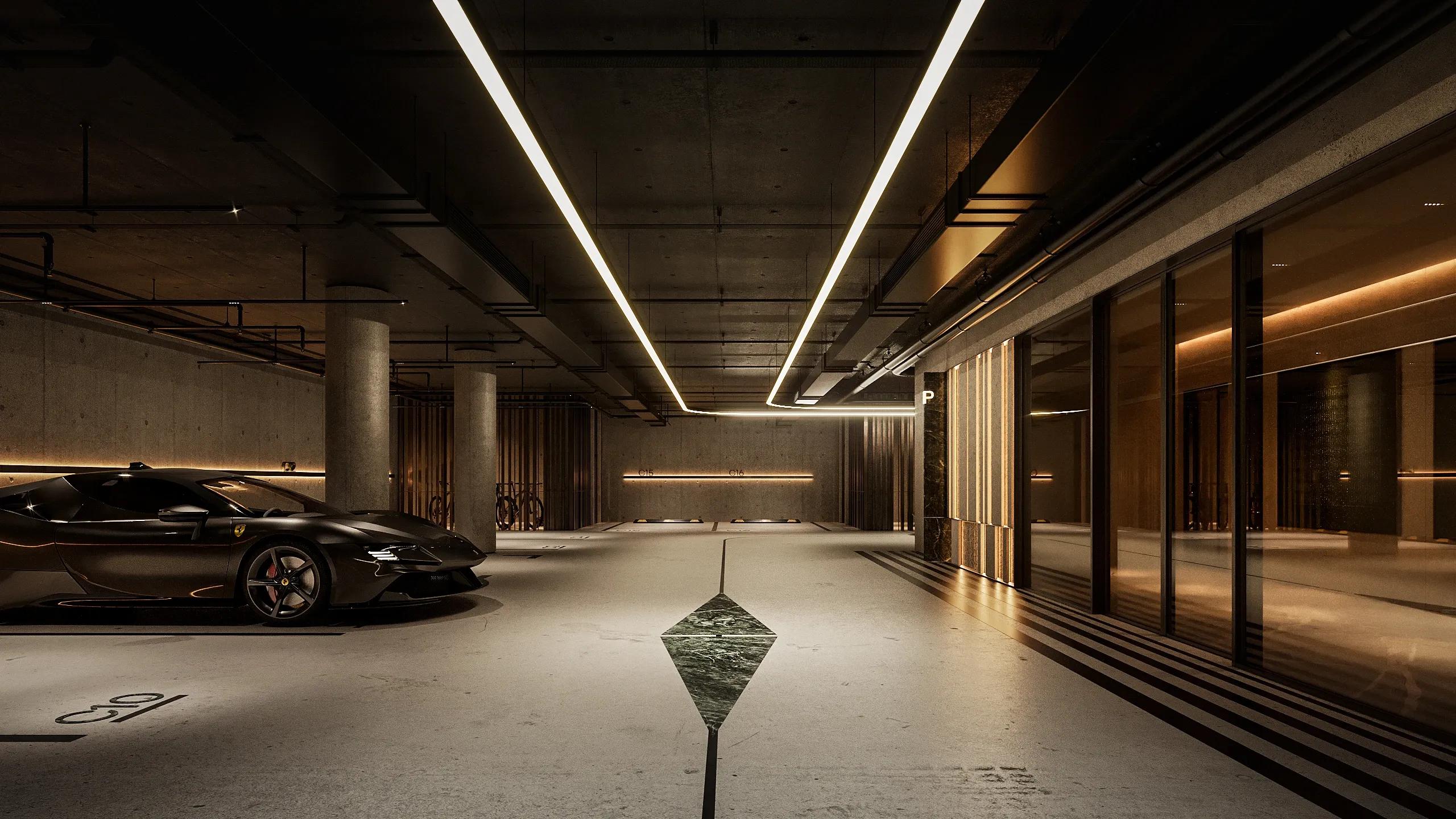 Underground parking garage with linear lighting and sports car, The Lagoon Residents' Club, Dubai