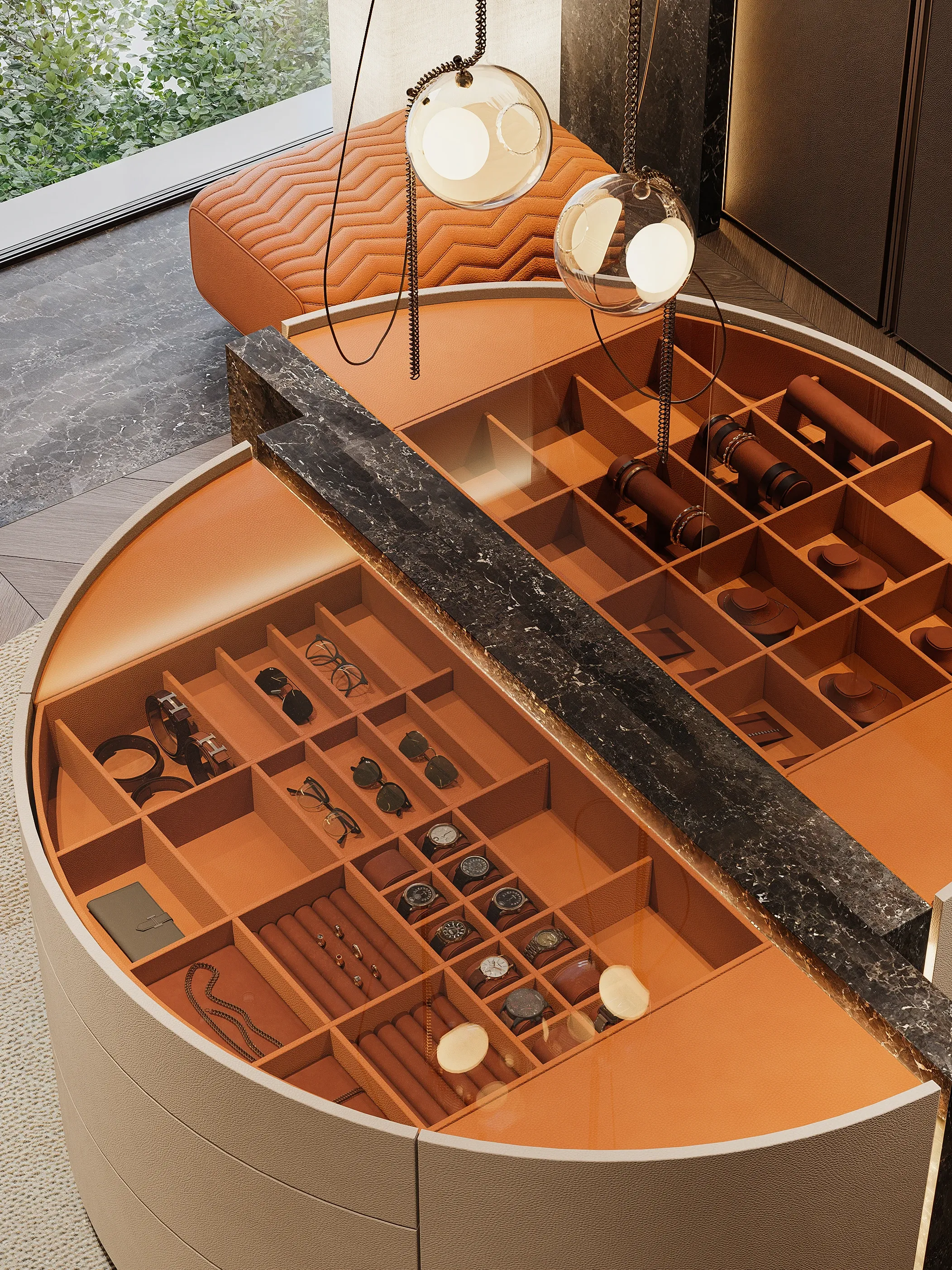 Round orange leather valet case with marble divider holding watches and accessories, The Grand Atrium Mansion, Poland