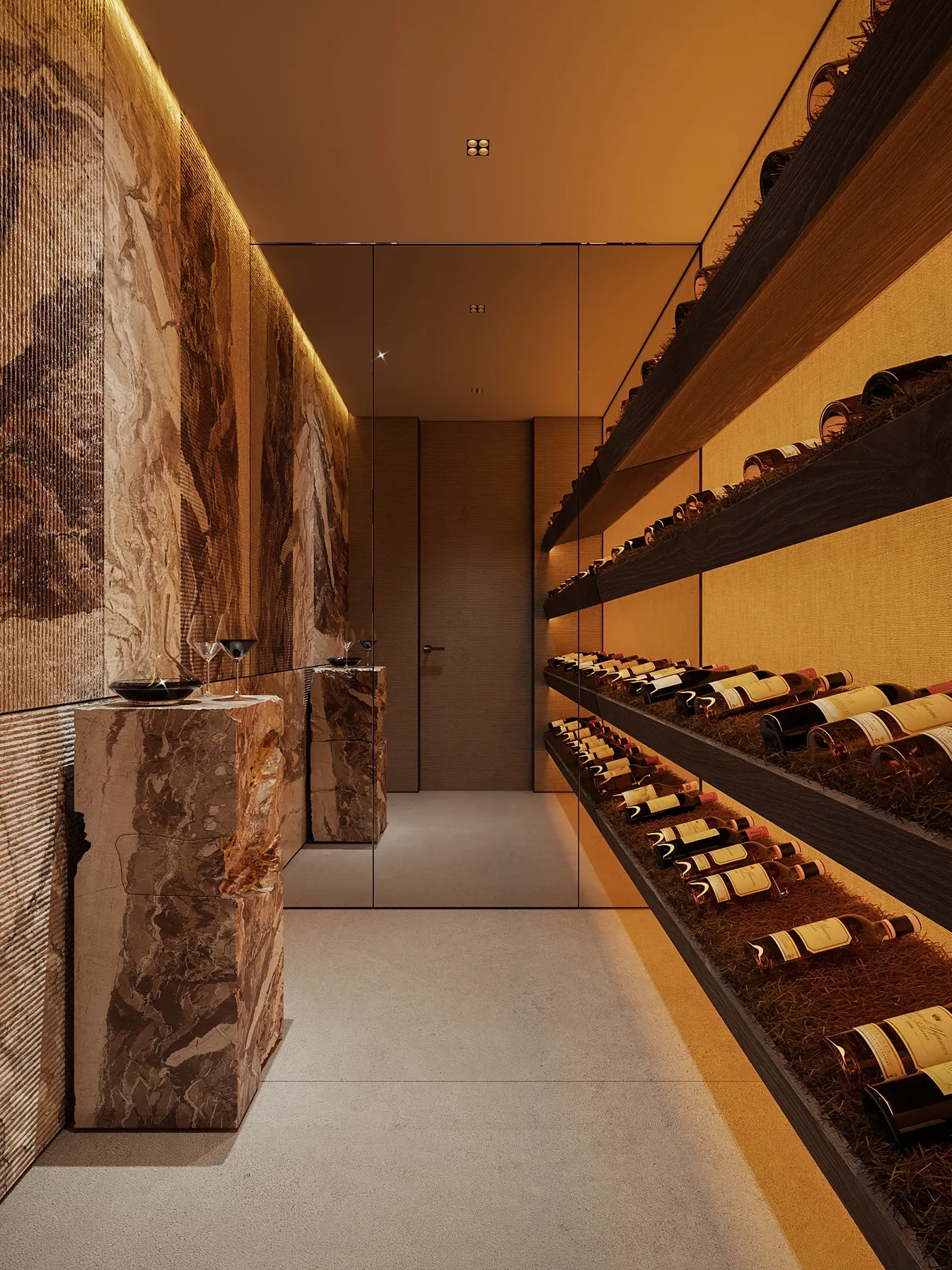Wine cellar with marble pillars and backlit bottle shelving, The Secret Court, Poland