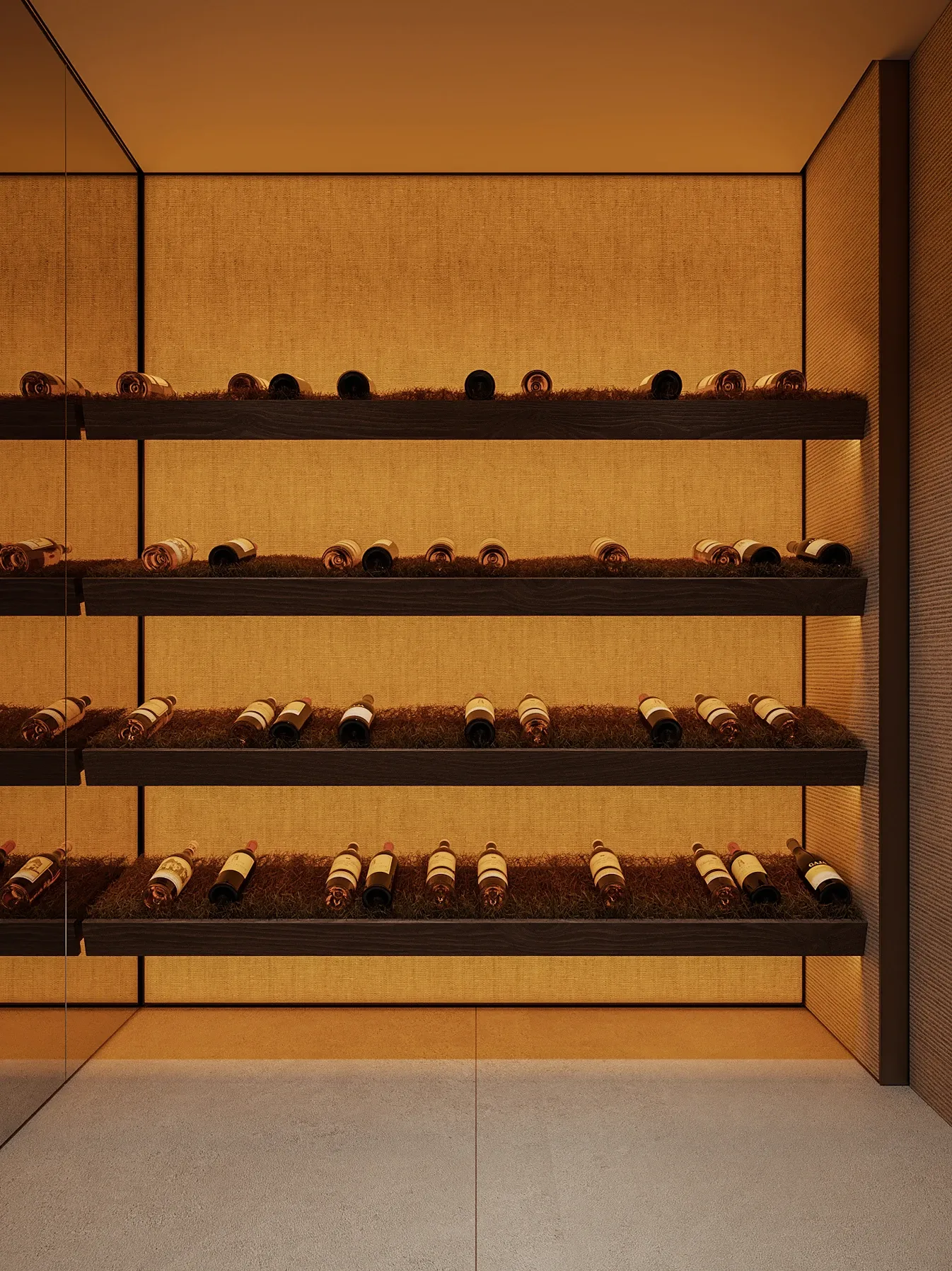 Dark timber wine racks holding bottles against glowing amber wall, The Secret Court, Poland