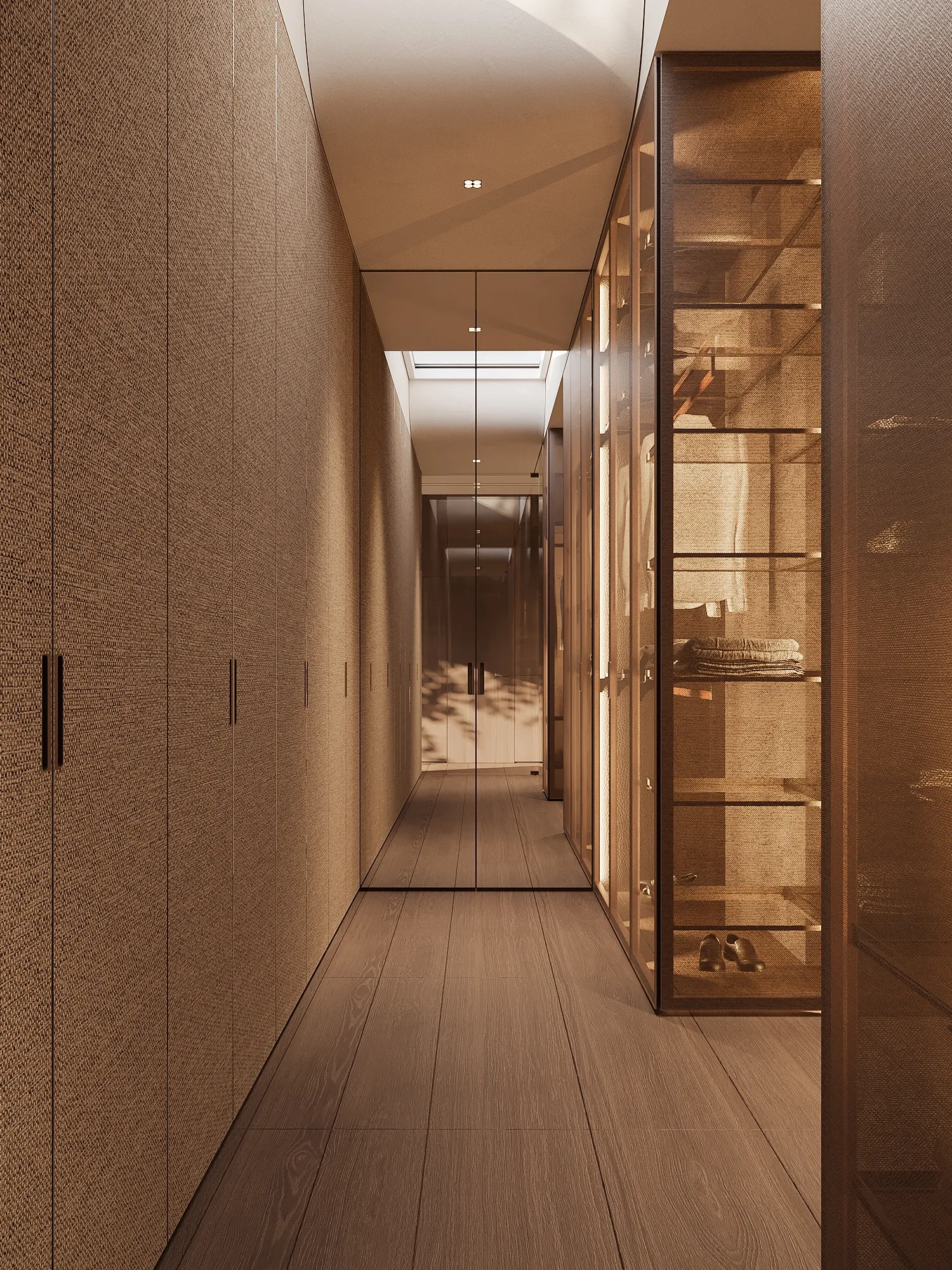 Walk-in closet corridor with lit glass shelving and wood floor, The Secret Court, Poland