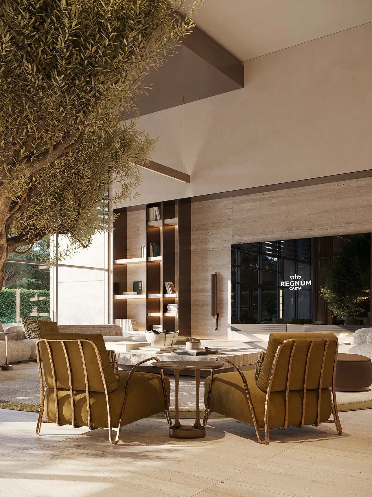 Lounge corner with mustard armchairs, travertine wall and olive tree, The Crown Villa, Antalya