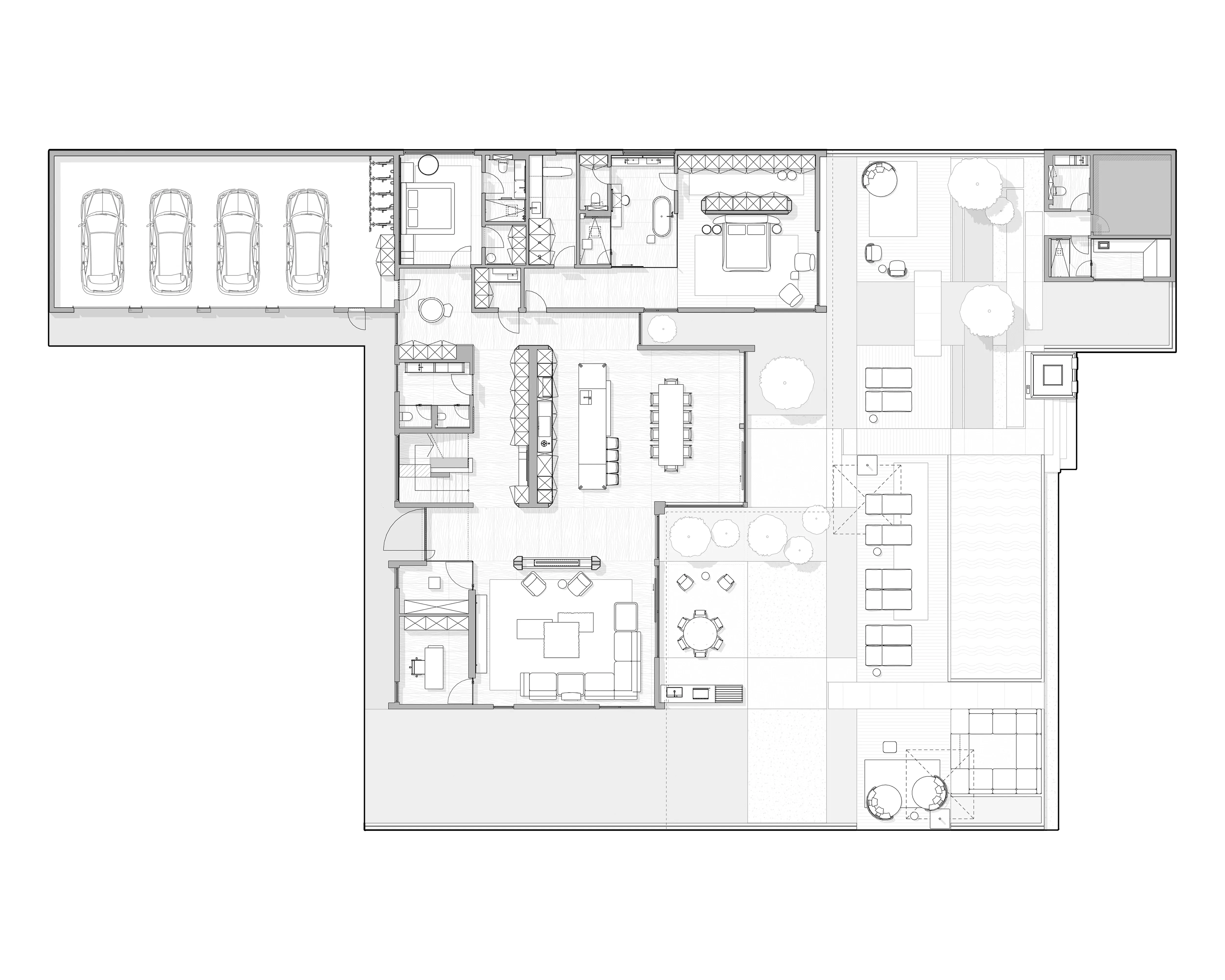 Floor plan drawing of L-shaped residence with garage, kitchen and living areas, Saucon Valley Residence, Pennsylvania
