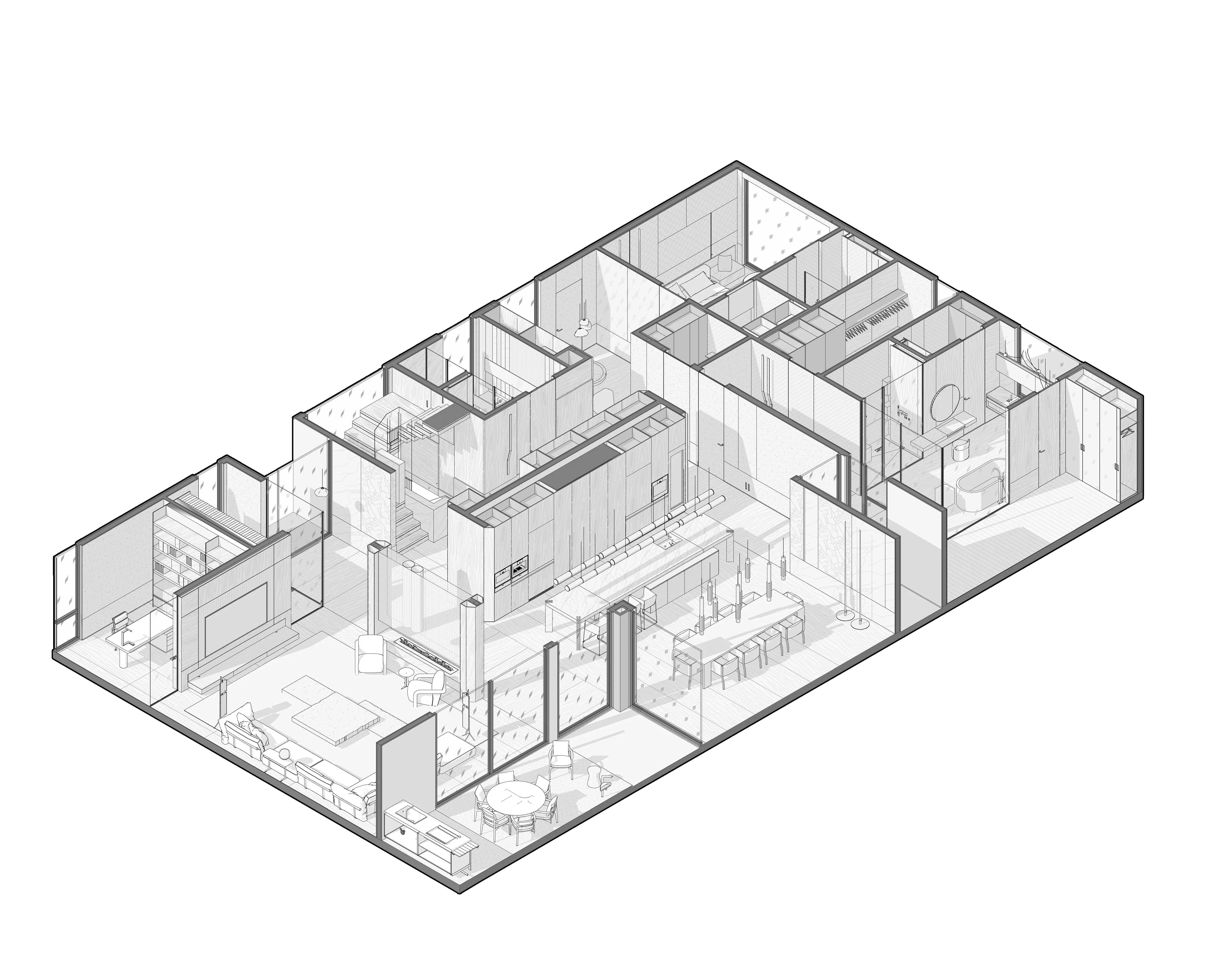 Axonometric drawing of residence layout with kitchen island and bedrooms, The Saucon Valley Residence, Pennsylvania