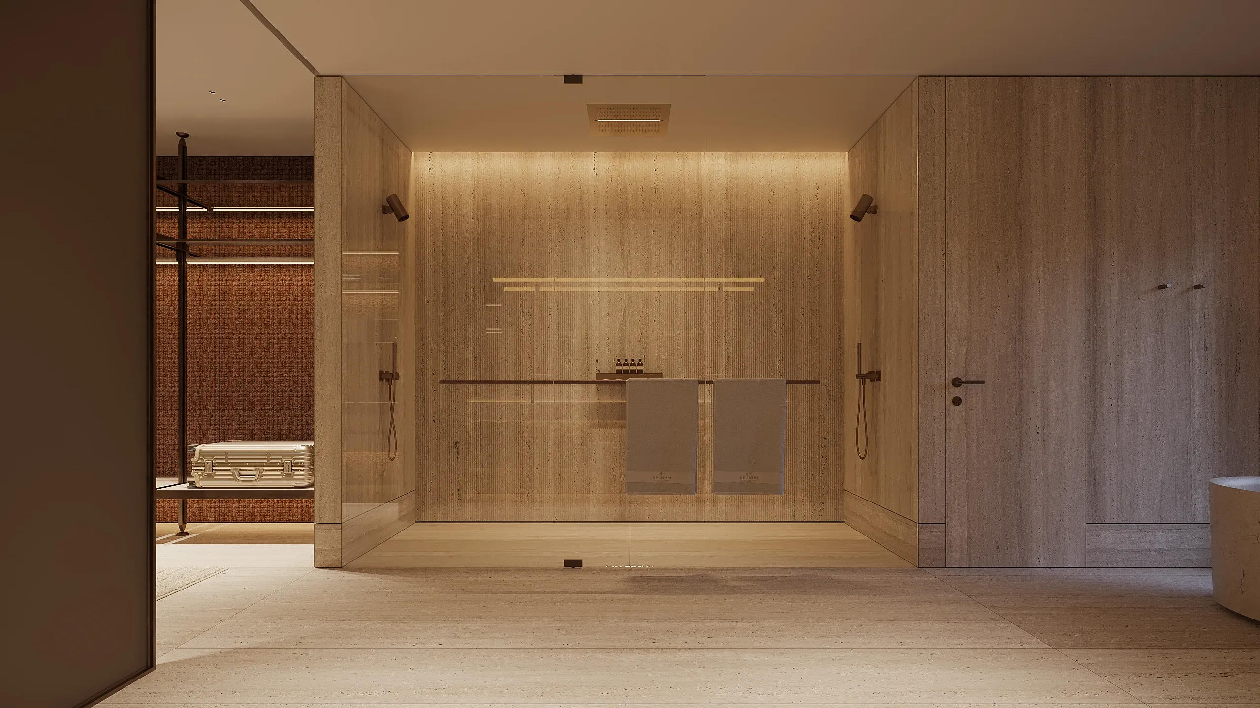 Travertine spa bathroom with glass shower and freestanding tub, The Crown Villa Regnum Carya, Antalya