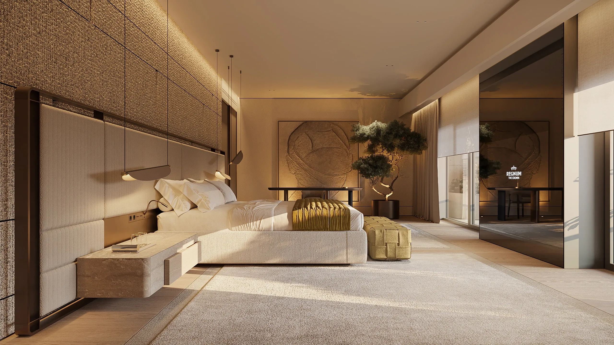 Bedroom with woven headboard, bonsai tree and sculptural wall art, The Crown Villa Regnum Carya, Antalya