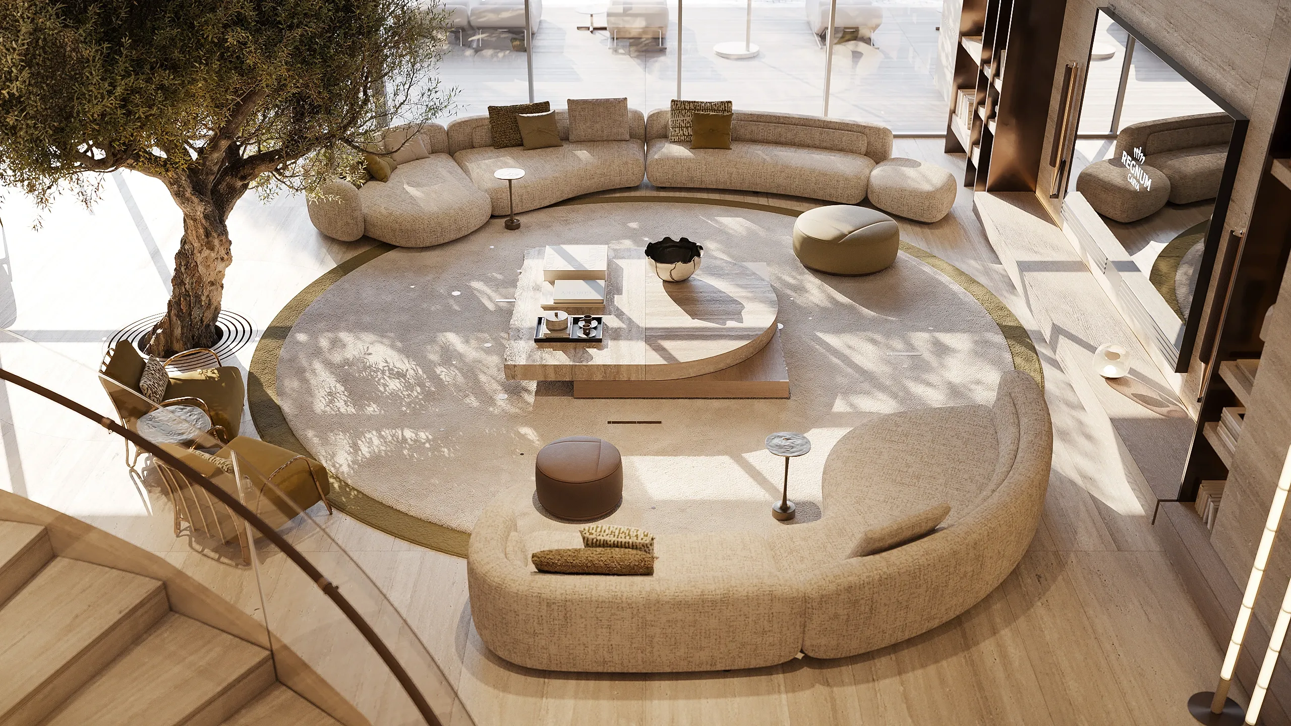 Sunken circular lounge with curved sofas and indoor olive tree, The Crown Villa, Antalya