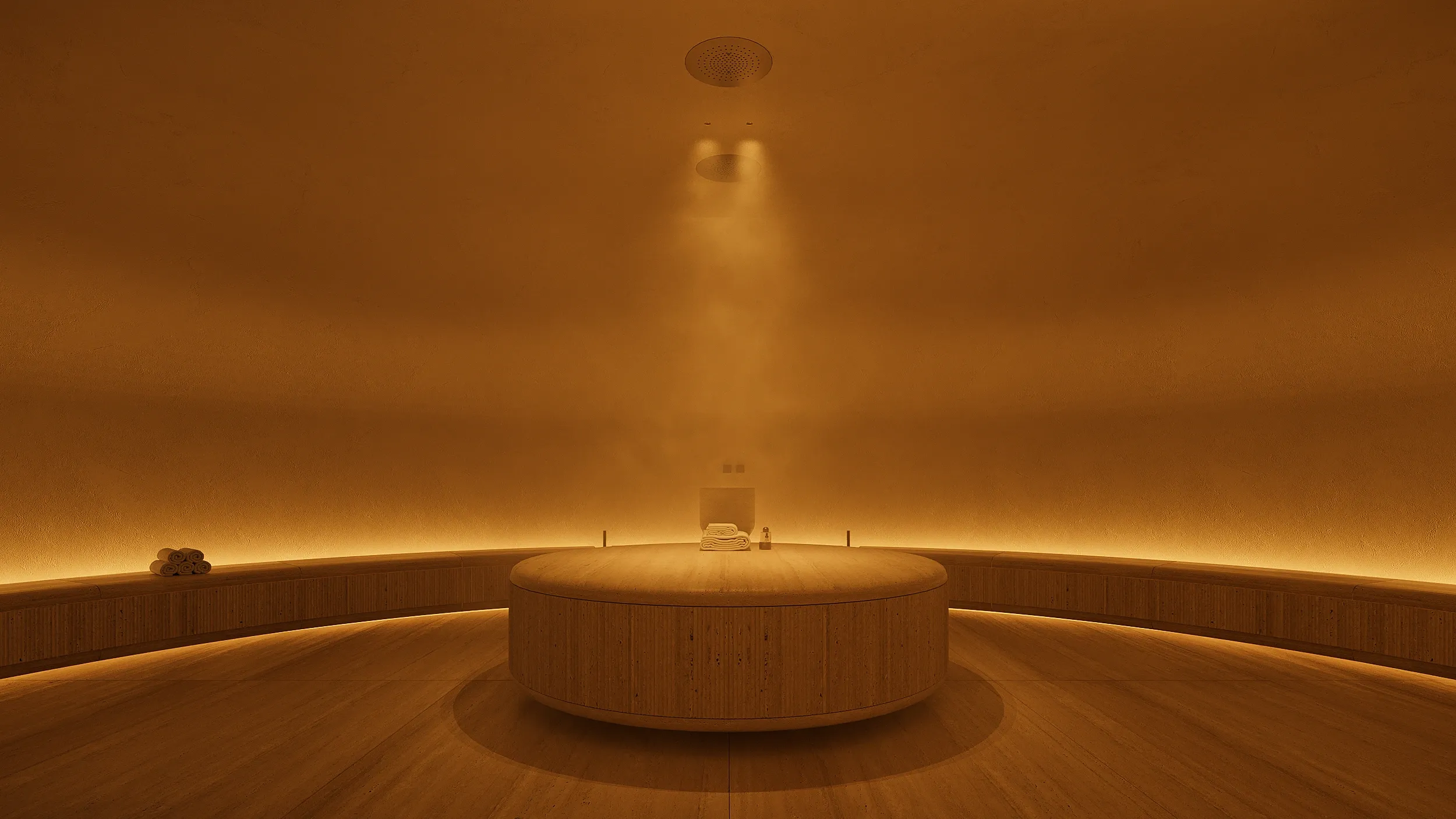 Spa steam room with curved wood bench and glowing ambient wall lighting, The Crown Villa Regnum Carya, Antalya