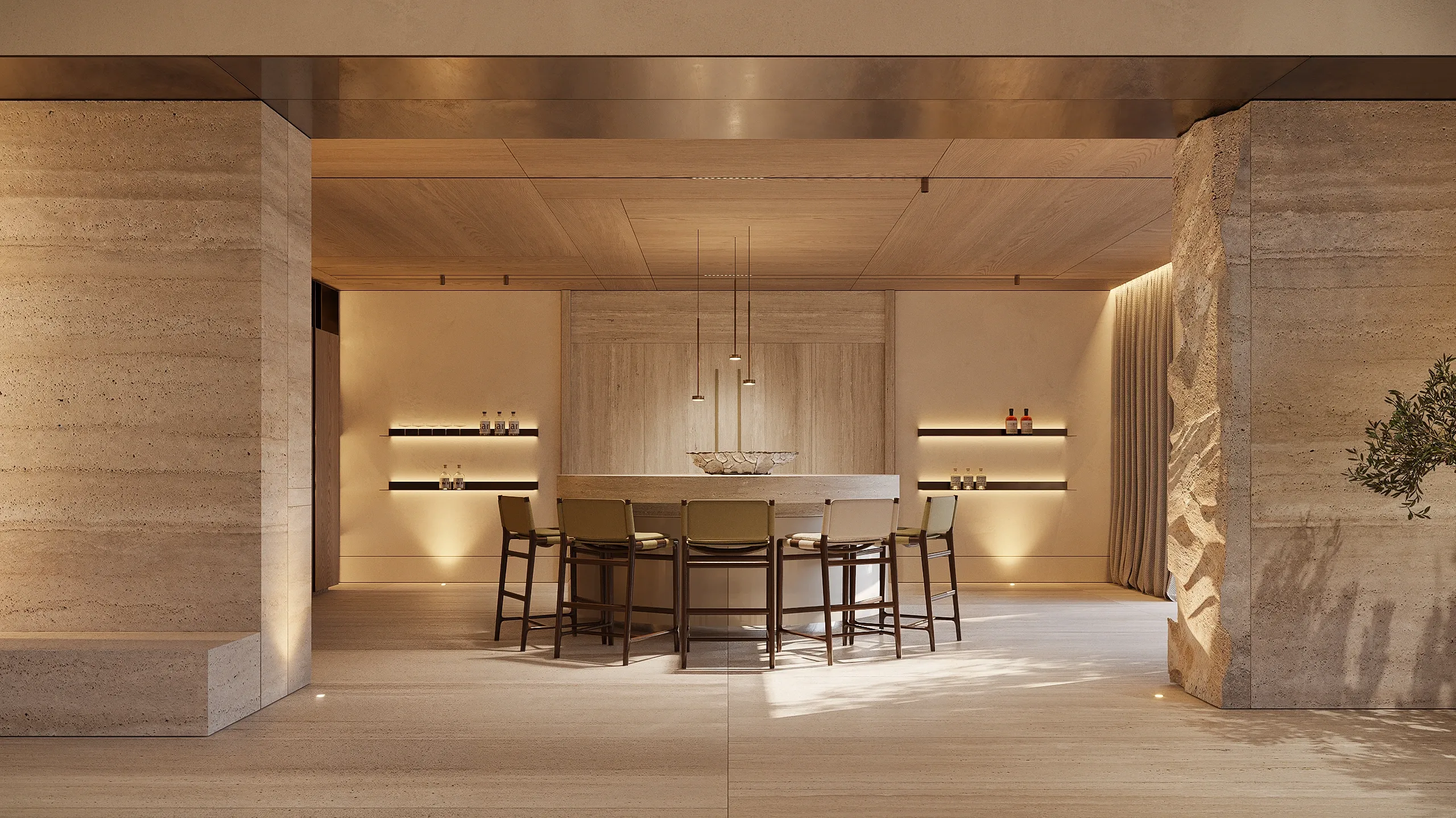 Dining nook with travertine table and pendant lights, The Crown Villa, Antalya