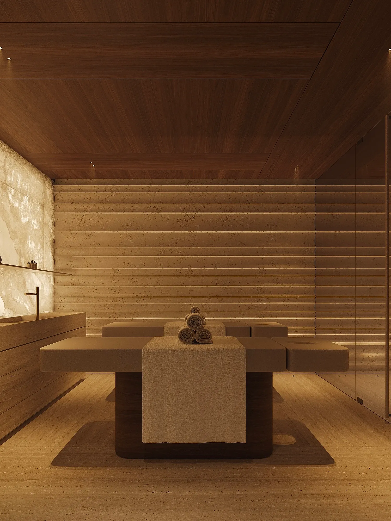 Spa treatment room with backlit onyx wall and wooden massage table, The Crown Villa, Antalya