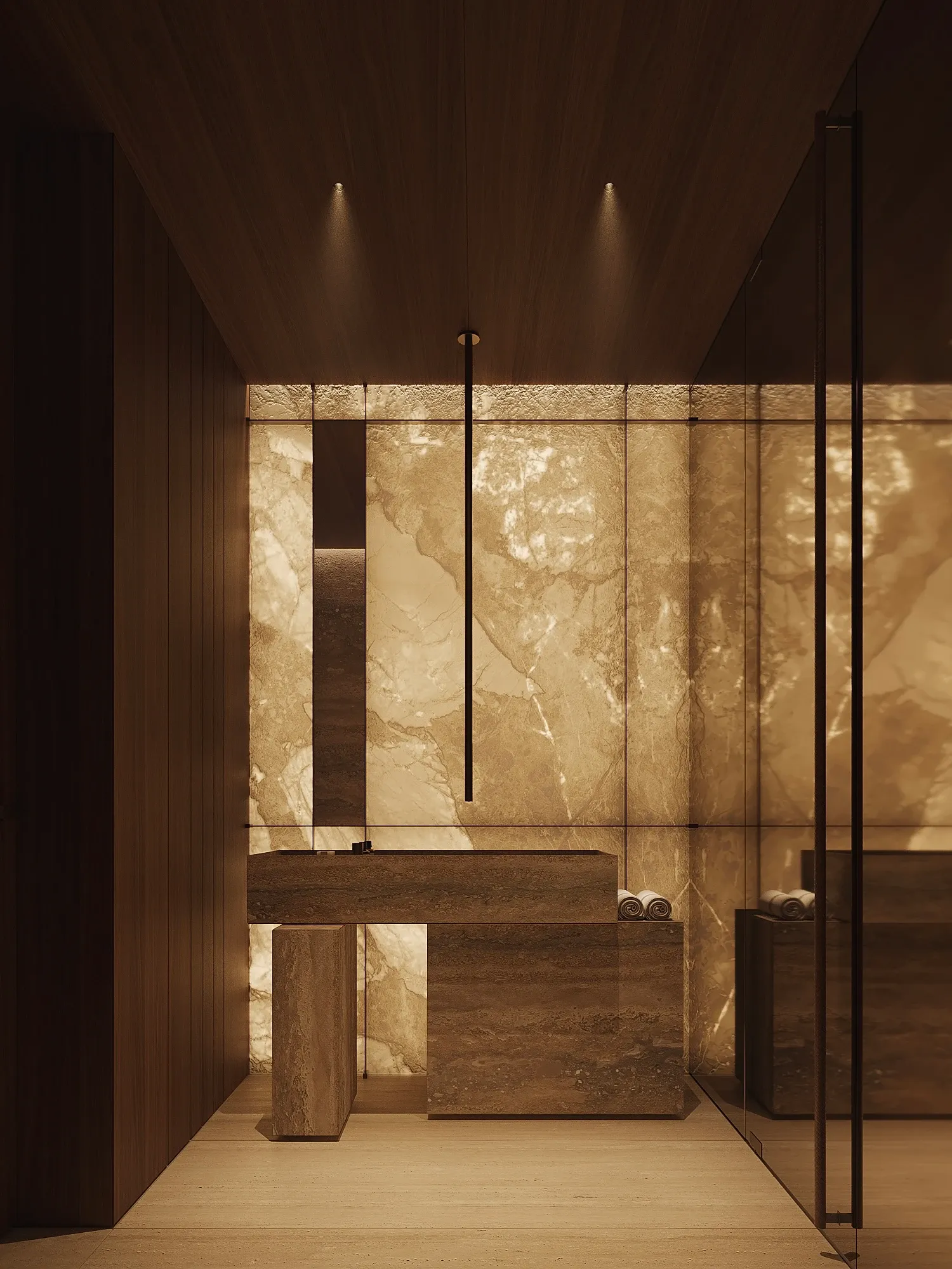Bathroom with backlit onyx walls and travertine stone vanity, The Crown Villa, Antalya