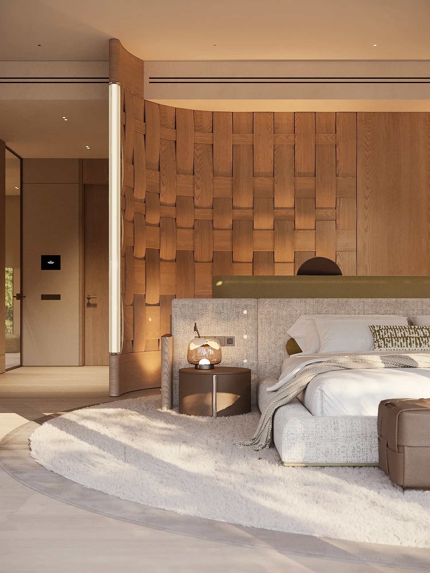 Bedroom with curved woven-wood wall and plush rug, The Crown Villa Regnum Carya, Antalya