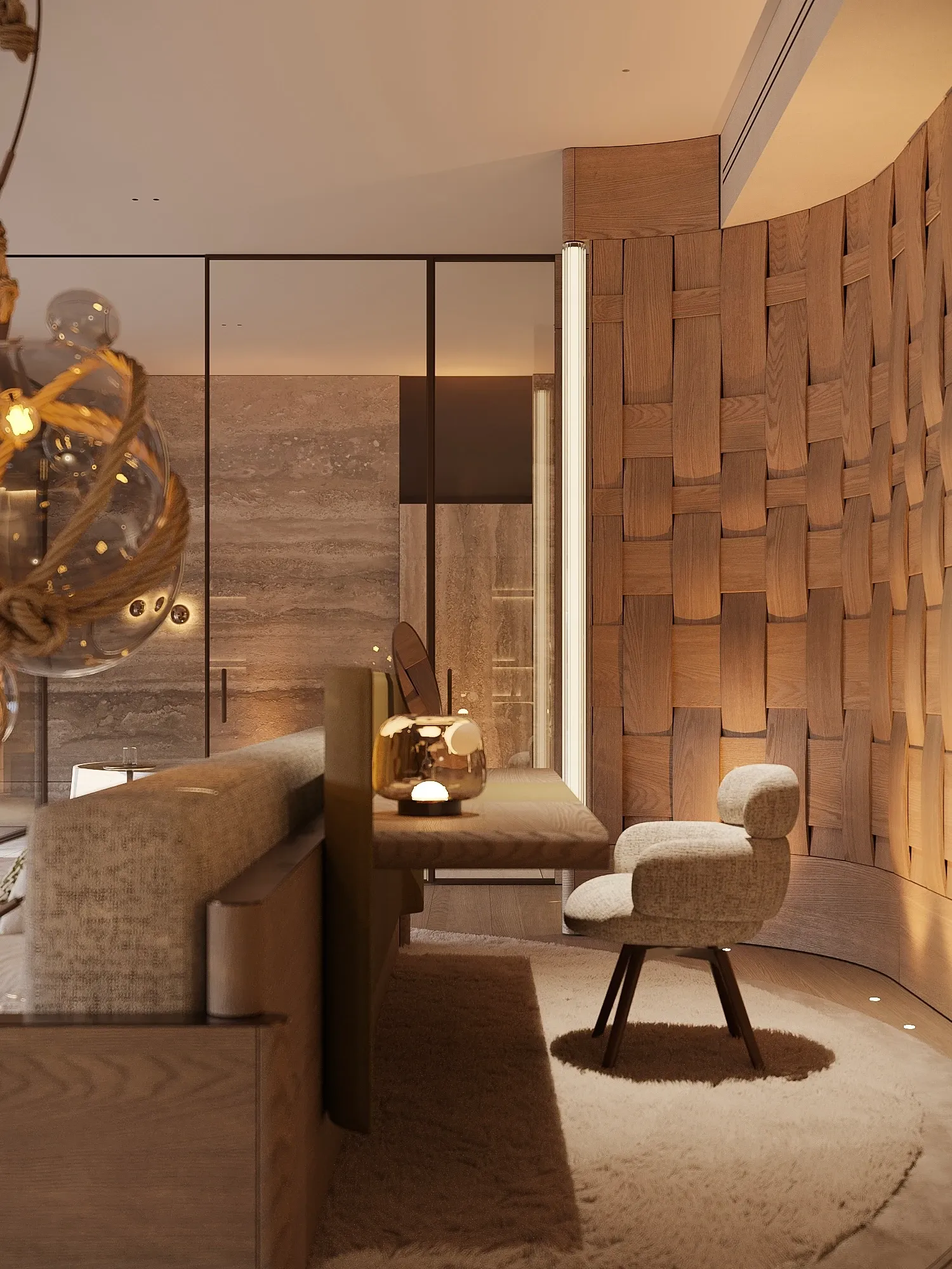 Curved woven wood wall with bouclé armchair and console, The Crown Villa Regnum Carya, Antalya