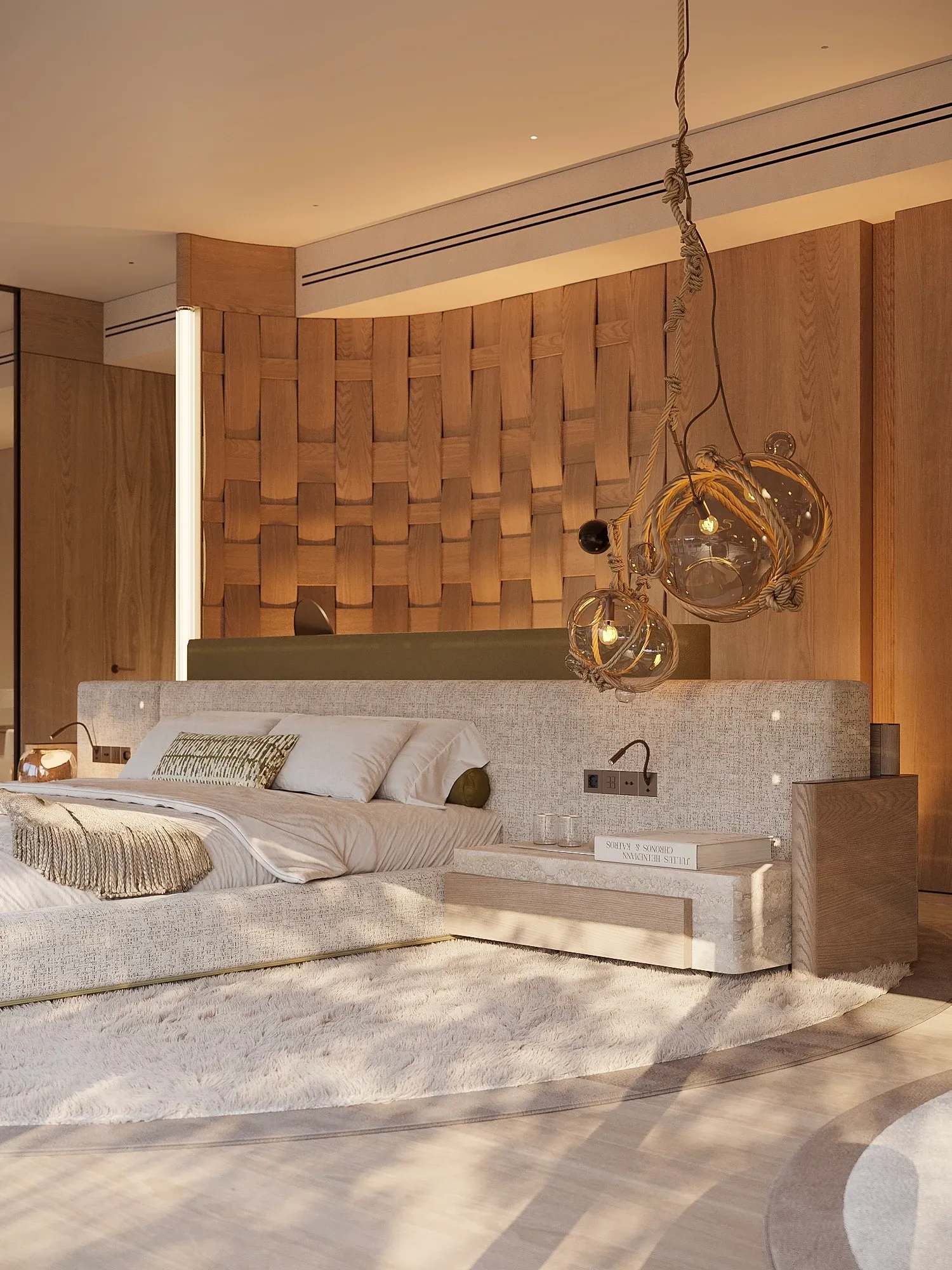 Bedside nook with woven wood wall and rope-wrapped pendant lights, The Crown Villa, Antalya