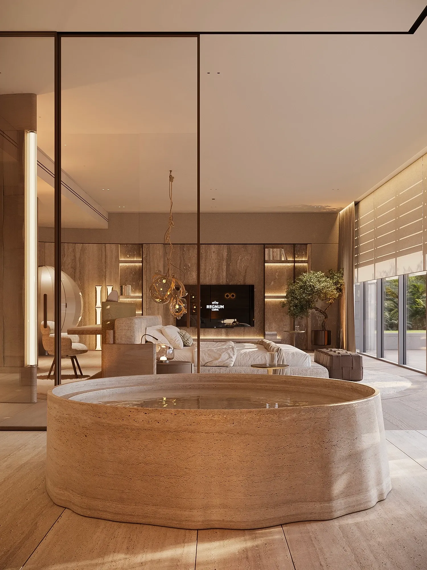 Round travertine soaking tub facing open bedroom lounge, The Crown Villa Regnum Carya, Antalya
